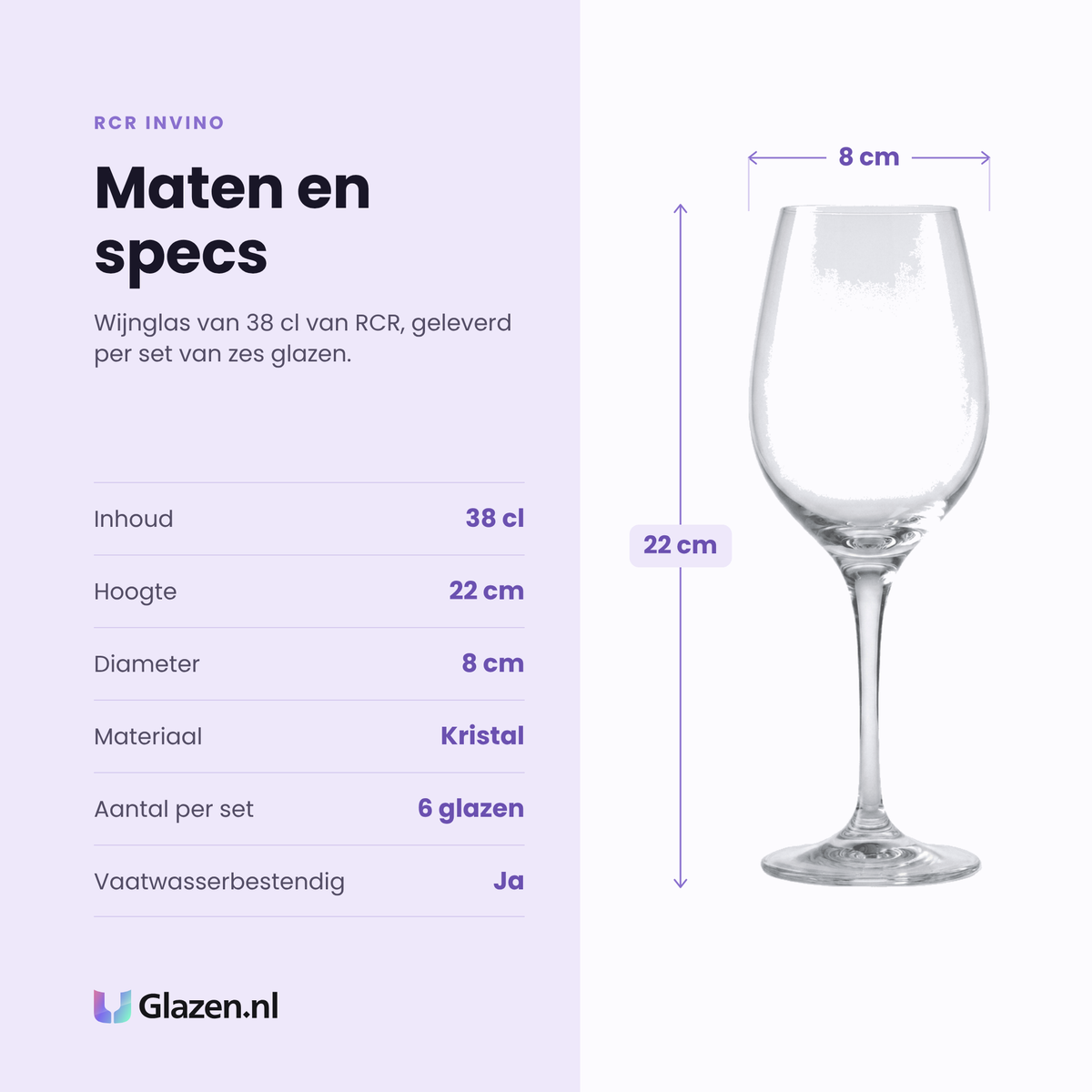 RCR Invino wijnglas 38 cl specificaties: inhoud 38 cl, hoogte 22 cm, diameter 8 cm, kristal, set van 6
