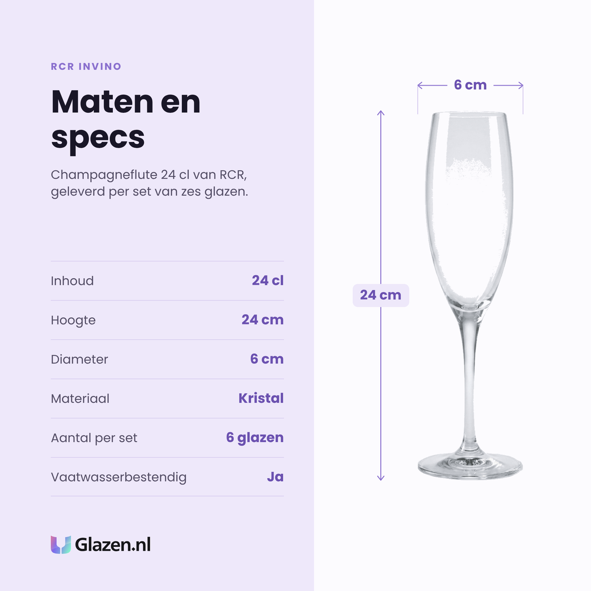 RCR Invino champagneflute 24 cl specificaties: inhoud 24 cl, hoogte 24 cm, diameter 6 cm, kristal, set van 6