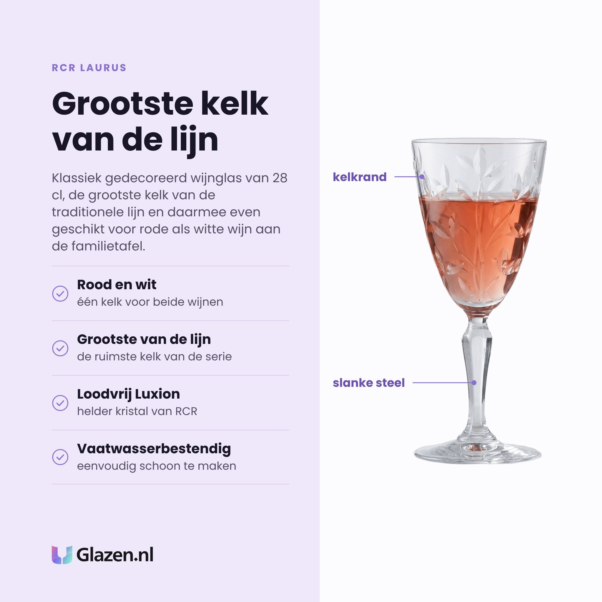 RCR Laurus wijnglas 28 cl eigenschappen: geschikt voor rood en wit, grootste kelk van de lijn, loodvrij Luxion-kristal, vaatwasserbestendig