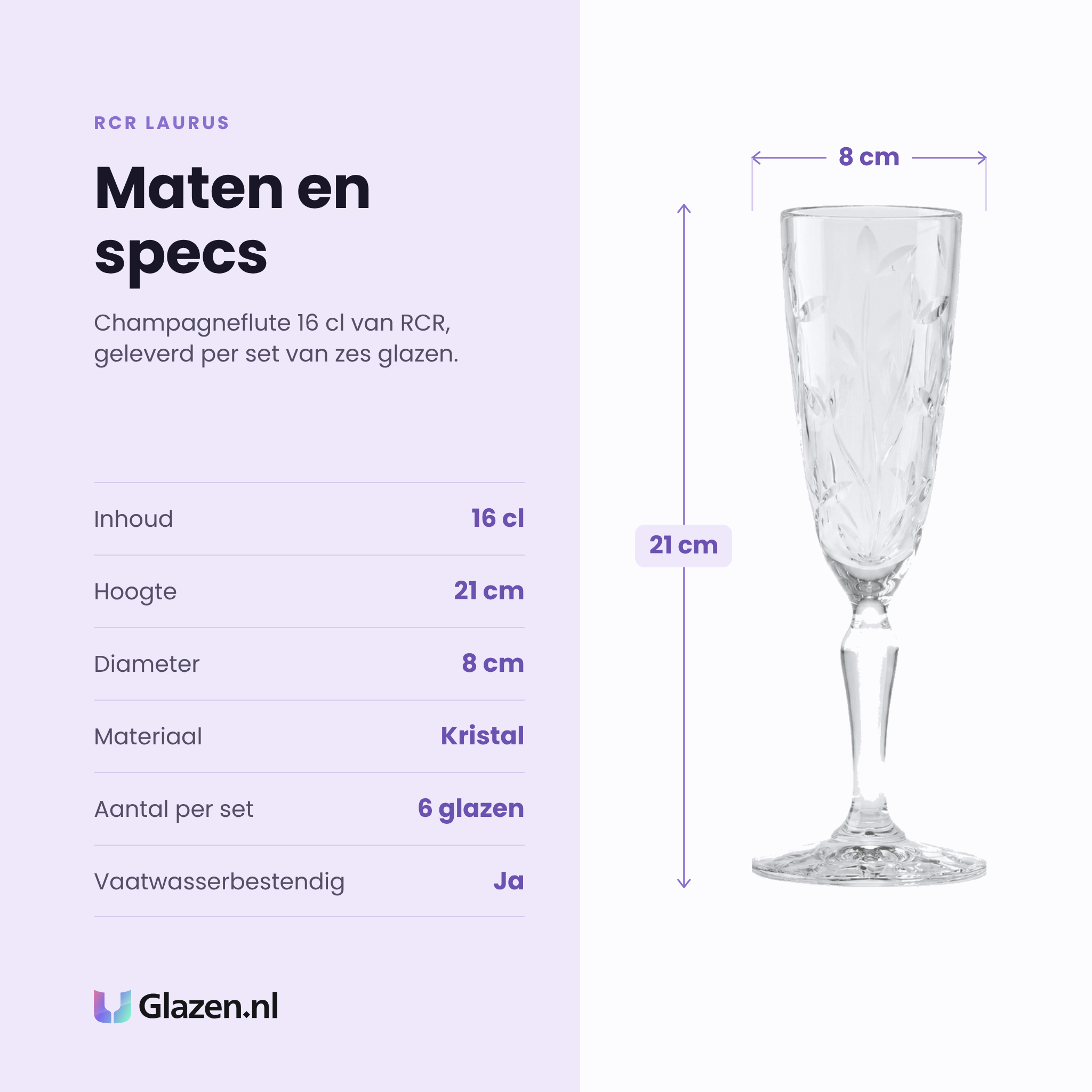 RCR Laurus champagneflute 16 cl specificaties: inhoud 16 cl, hoogte 21 cm, diameter 8 cm, kristal, set van 6