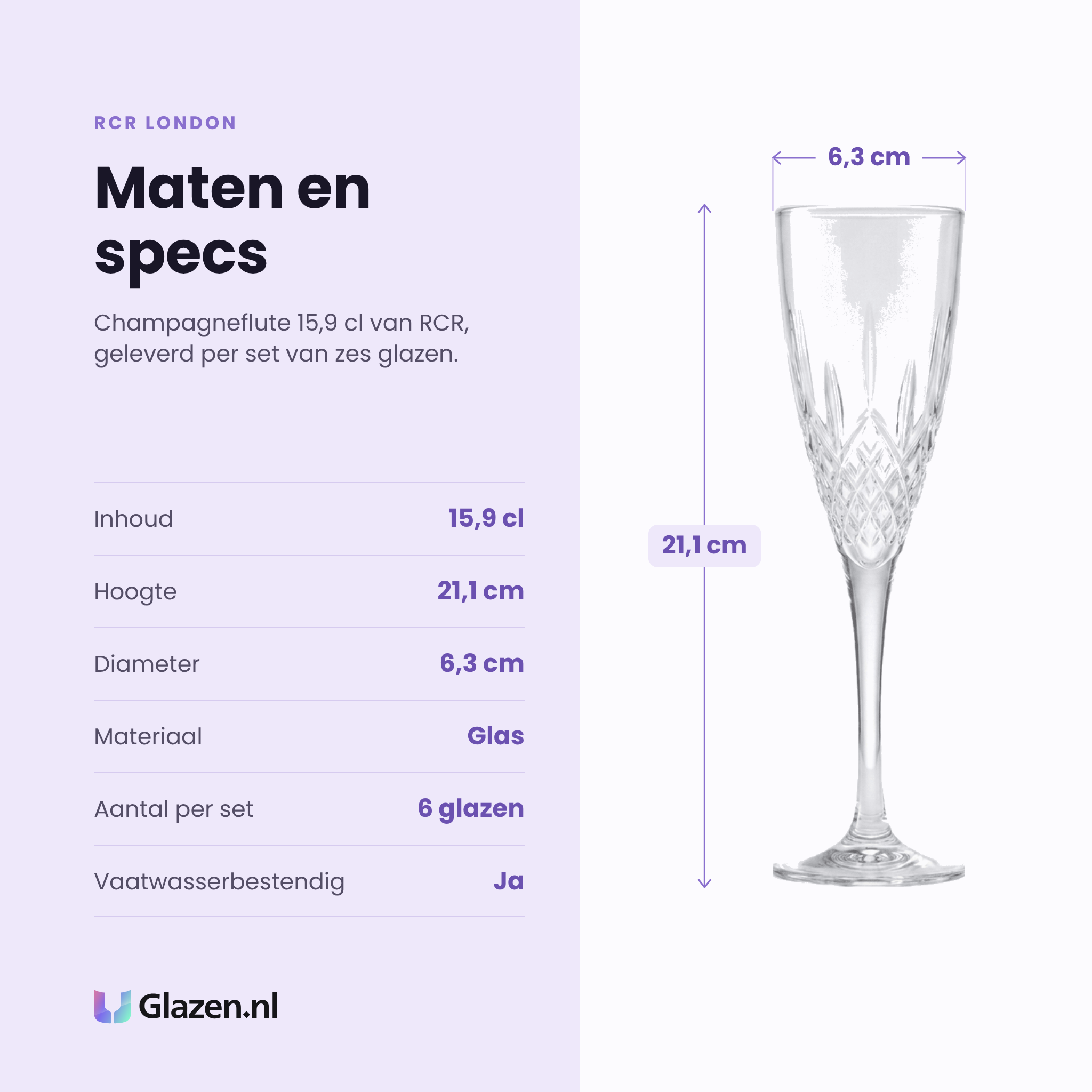 RCR London champagneflute 15,9 cl specificaties: inhoud 15,9 cl, hoogte 21,1 cm, diameter 6,3 cm, glas, set van 6