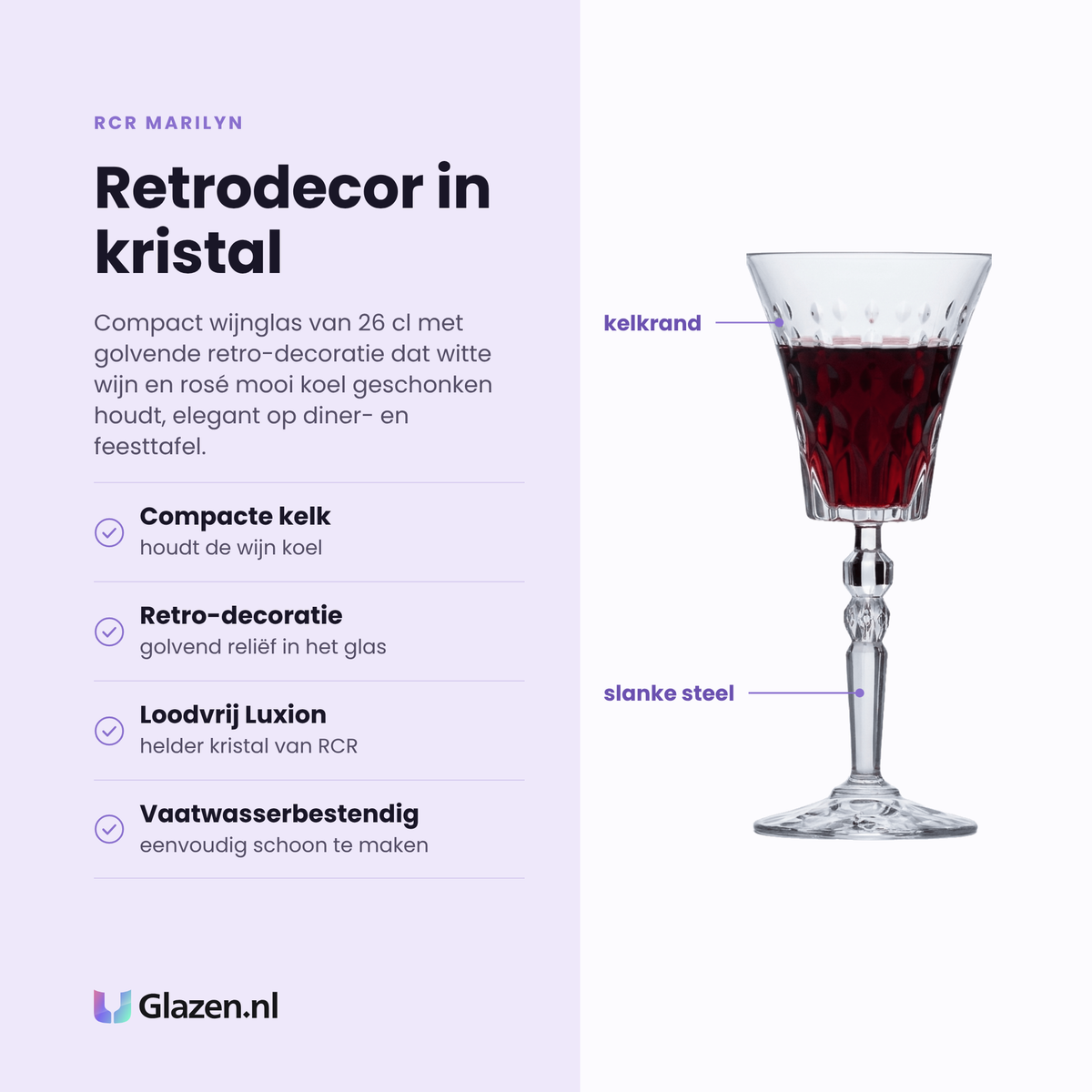 RCR Marilyn wijnglas 26 cl eigenschappen: compacte kelk, golvende retro-decoratie, loodvrij Luxion-kristal, vaatwasserbestendig