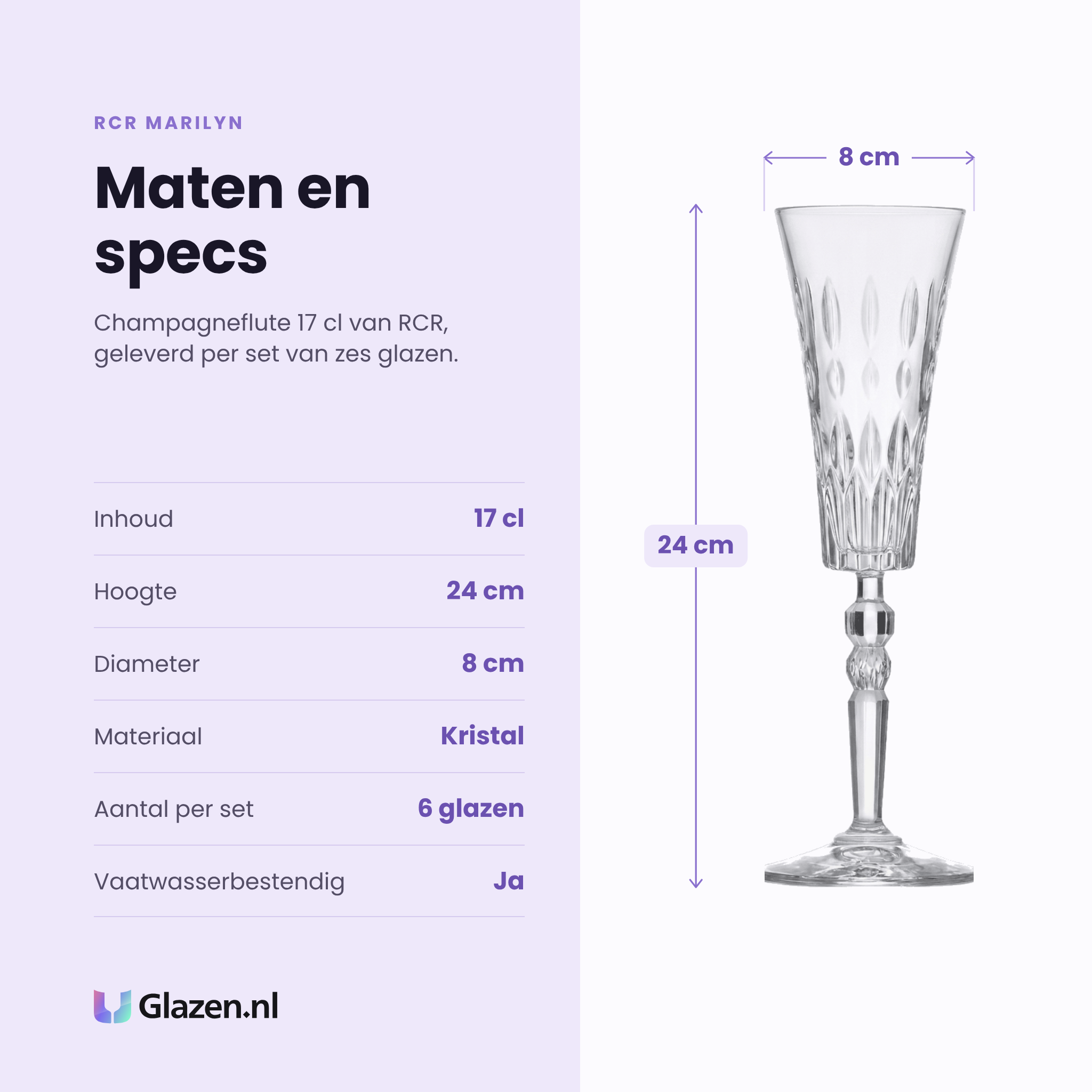 RCR Marilyn champagneflute 17 cl specificaties: inhoud 17 cl, hoogte 24 cm, diameter 8 cm, kristal, set van 6