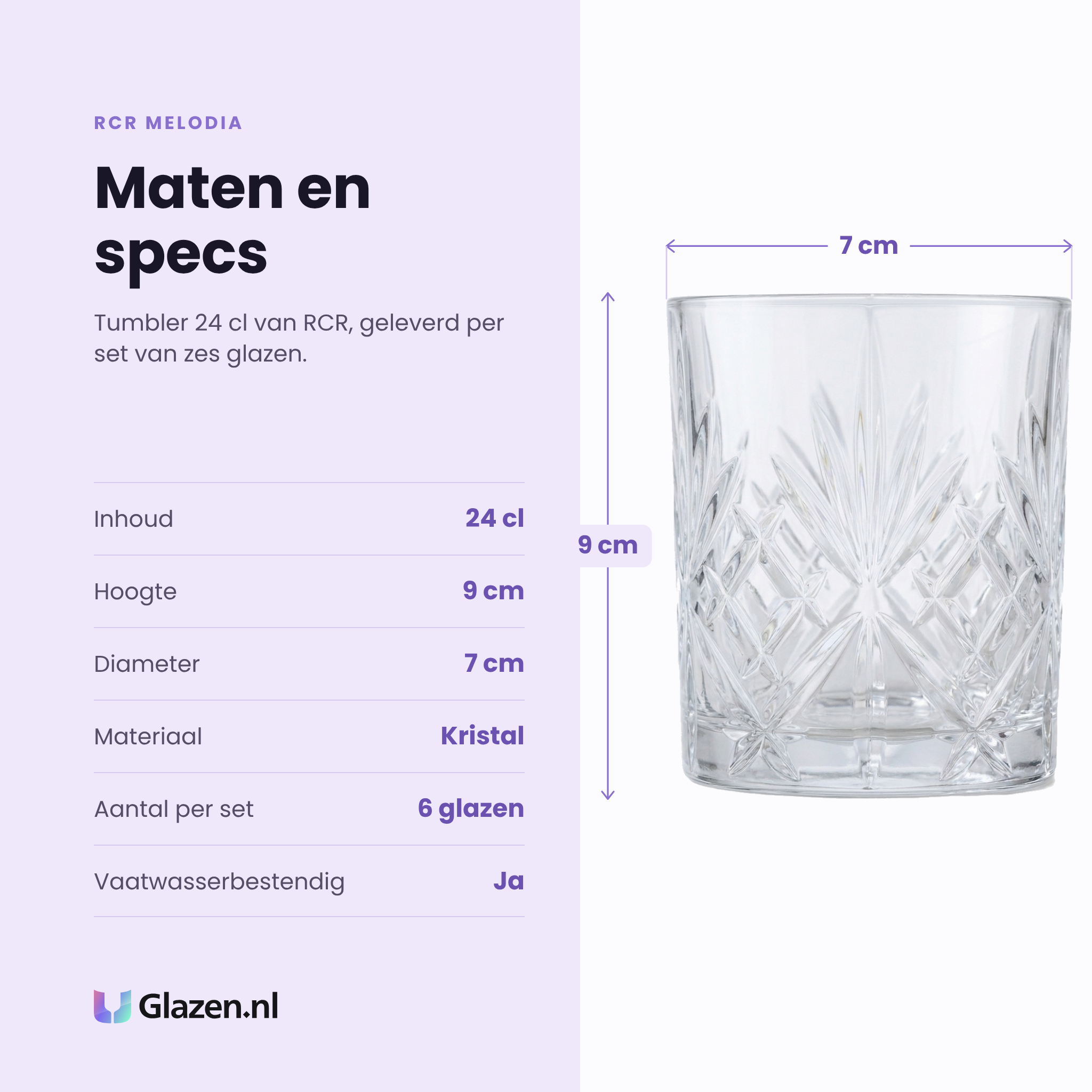 RCR Melodia tumbler 24 cl specificaties: inhoud 24 cl, hoogte 9 cm, diameter 7 cm, kristal, set van 6