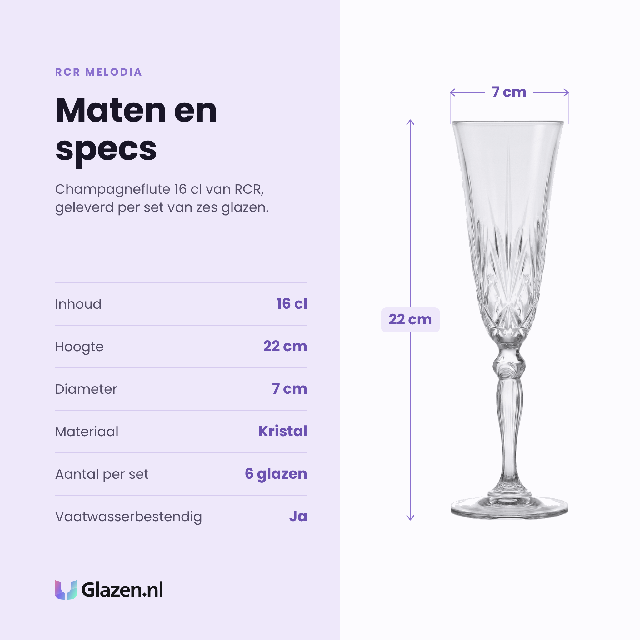 RCR Melodia champagneflute 16 cl specificaties: inhoud 16 cl, hoogte 22 cm, diameter 7 cm, kristal, set van 6