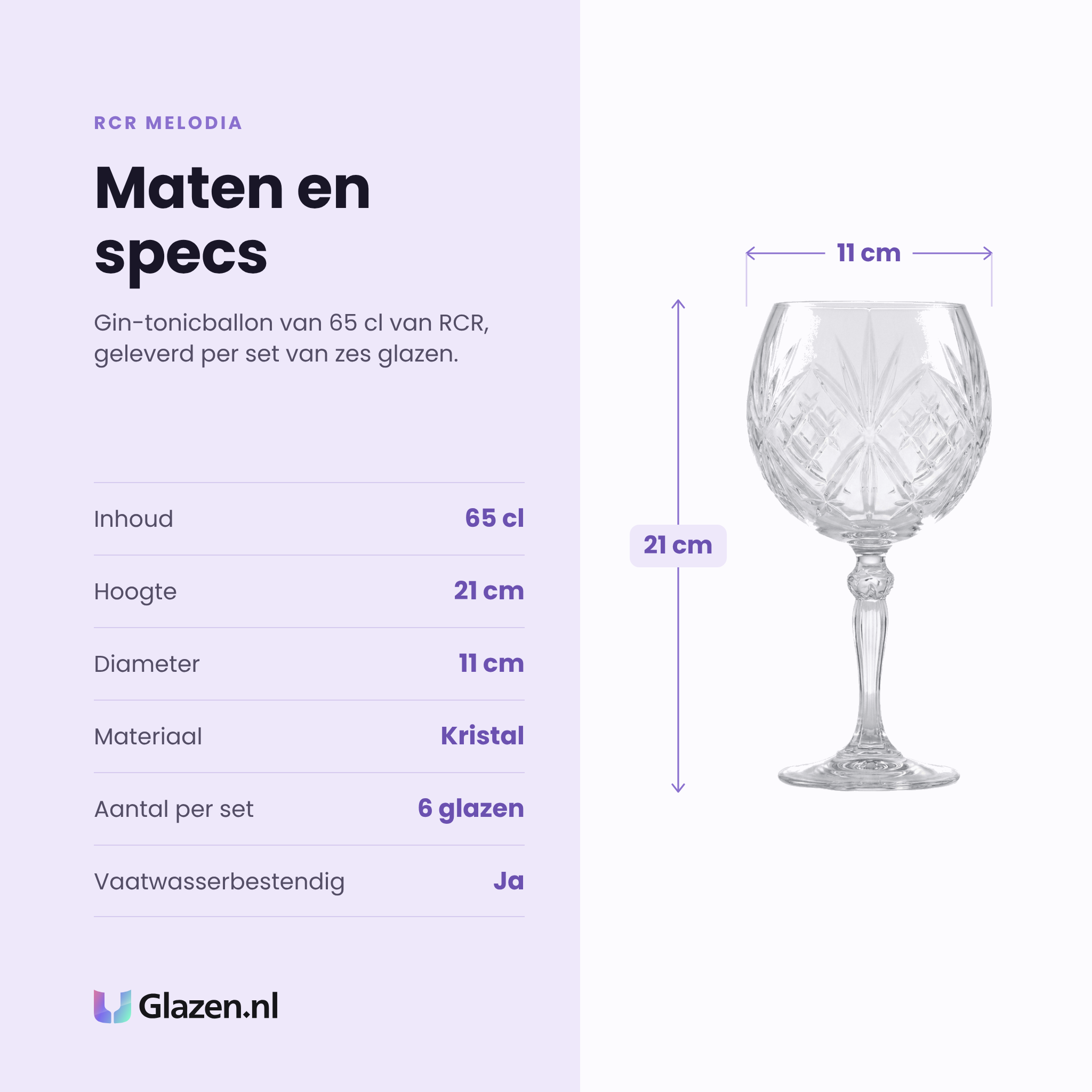RCR Melodia gin tonic glas 65 cl specificaties: inhoud 65 cl, hoogte 21 cm, diameter 11 cm, kristal, set van 6