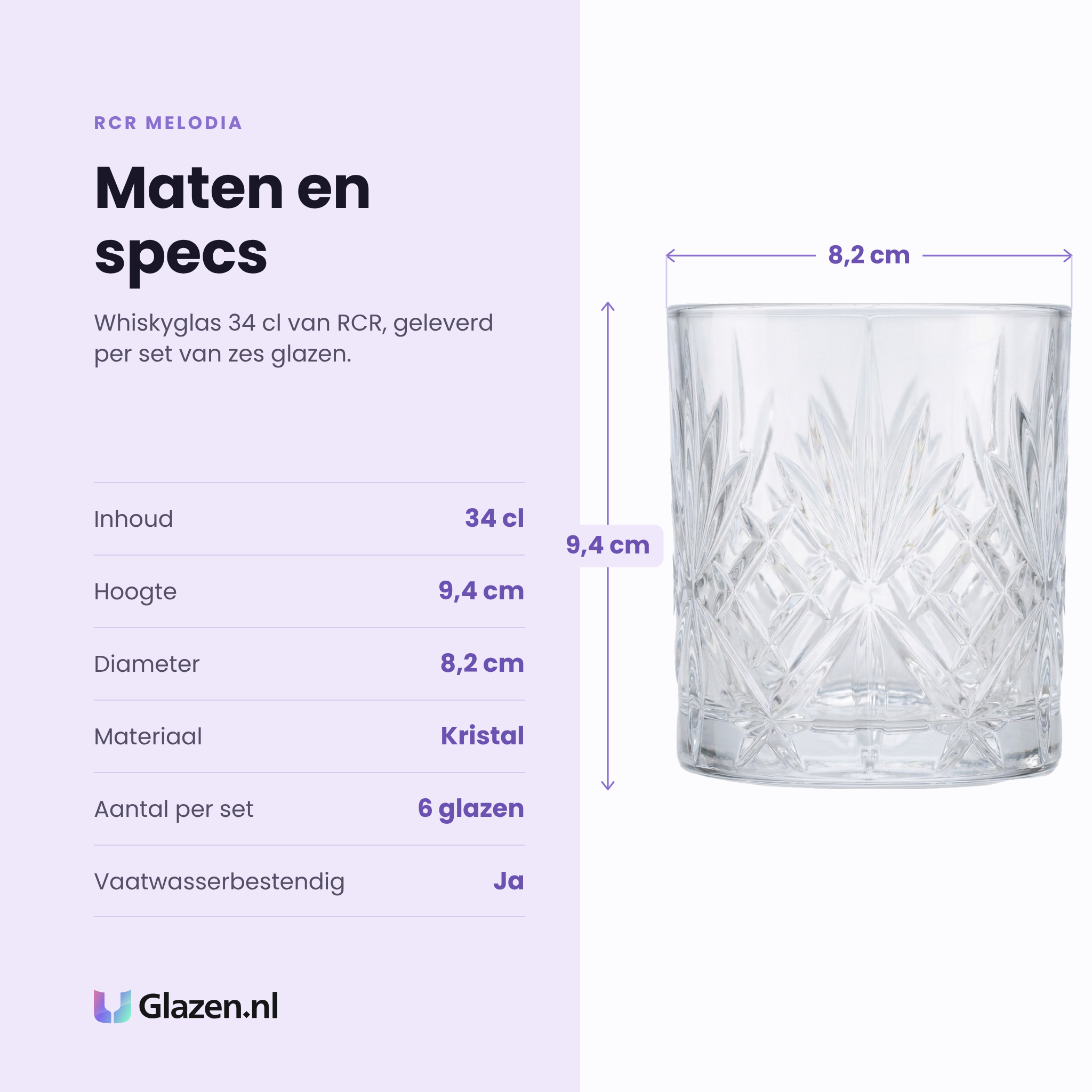RCR Melodia whiskyglas 34 cl specificaties: inhoud 34 cl, hoogte 9,4 cm, diameter 8,2 cm, kristal, set van 6