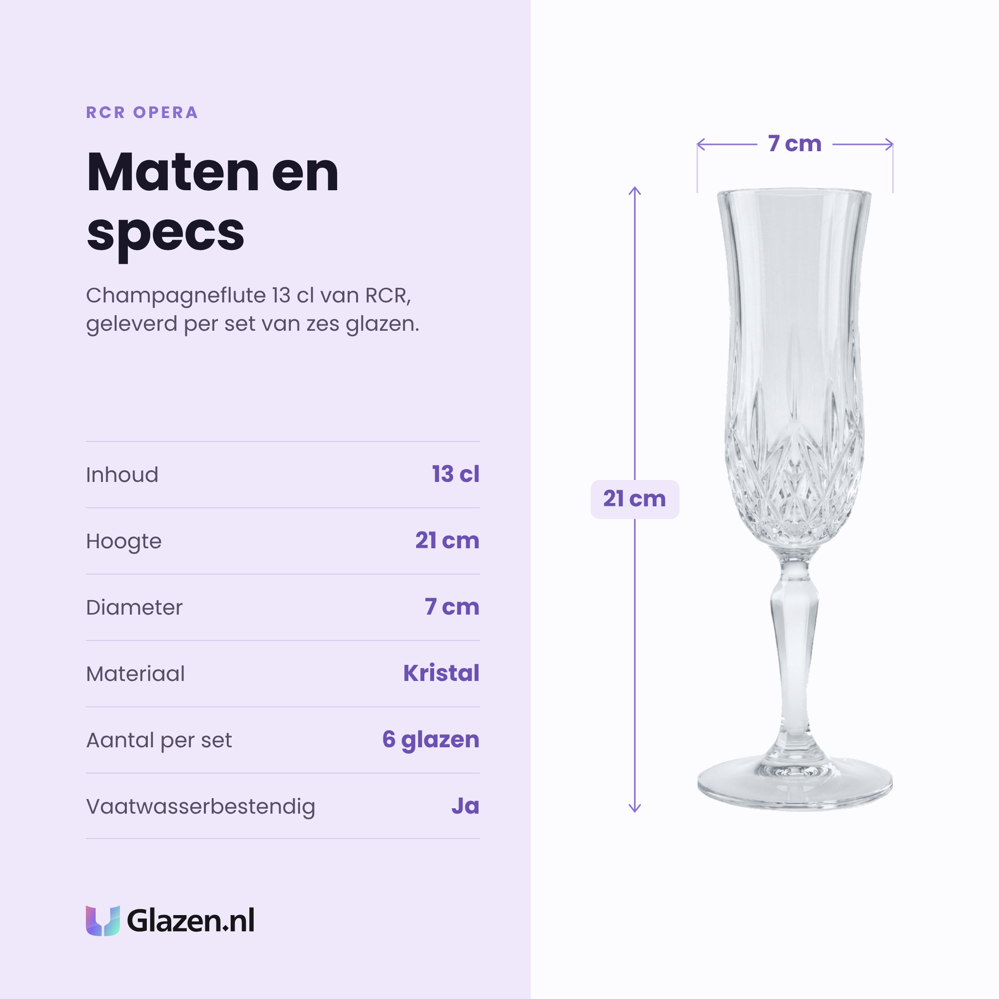RCR Opera champagneflute 13 cl specificaties: inhoud 13 cl, hoogte 21 cm, diameter 7 cm, kristal, set van 6