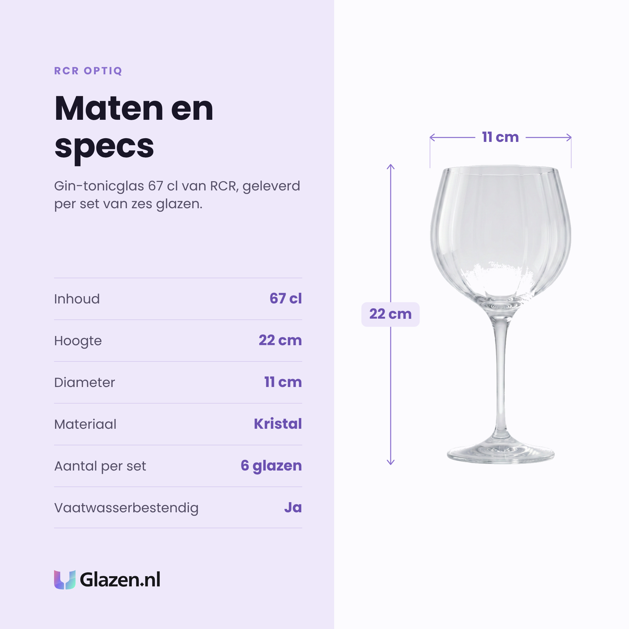 RCR Optiq gin-tonicglas 67 cl specificaties: inhoud 67 cl, hoogte 22 cm, diameter 11 cm, kristal, set van 6