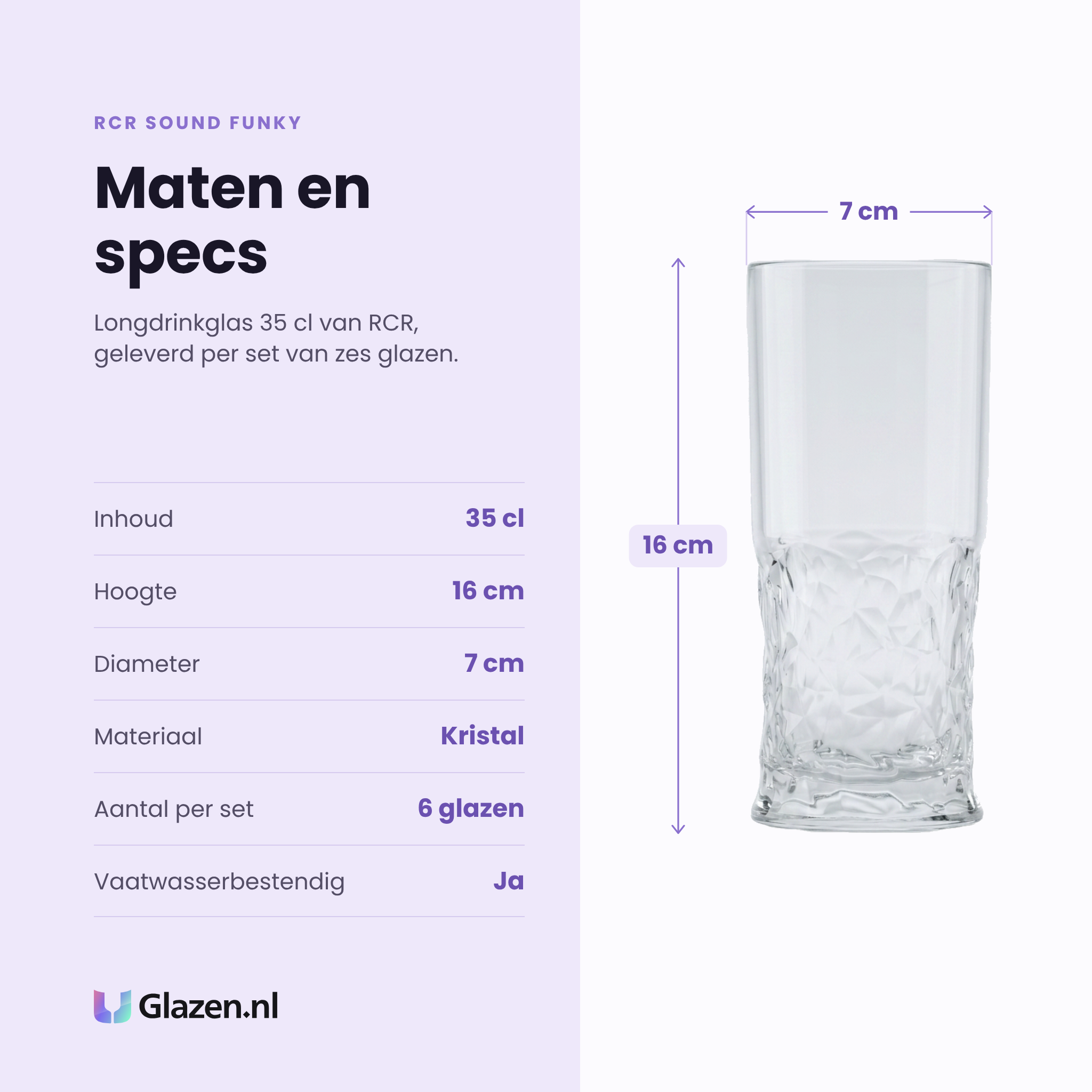 RCR Sound Funky longdrinkglas 35 cl specificaties: inhoud 35 cl, hoogte 16 cm, diameter 7 cm, kristal, set van 6