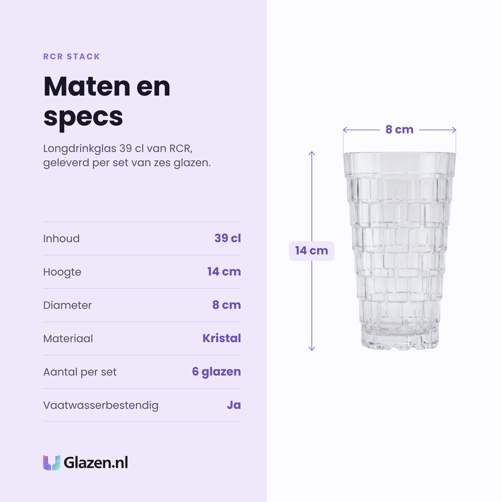 RCR Stack longdrinkglas 39 cl specificaties: inhoud 39 cl, hoogte 14 cm, diameter 8 cm, kristal, set van 6