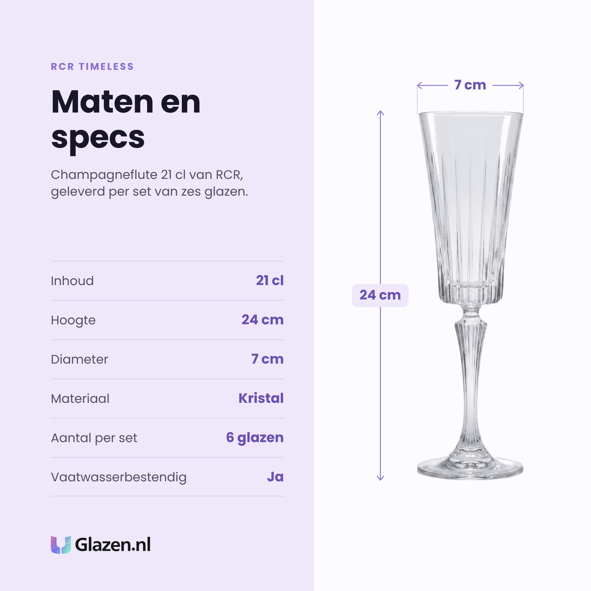 RCR Timeless champagneflute 21 cl specificaties: inhoud 21 cl, hoogte 24 cm, diameter 7 cm, kristal, set van 6
