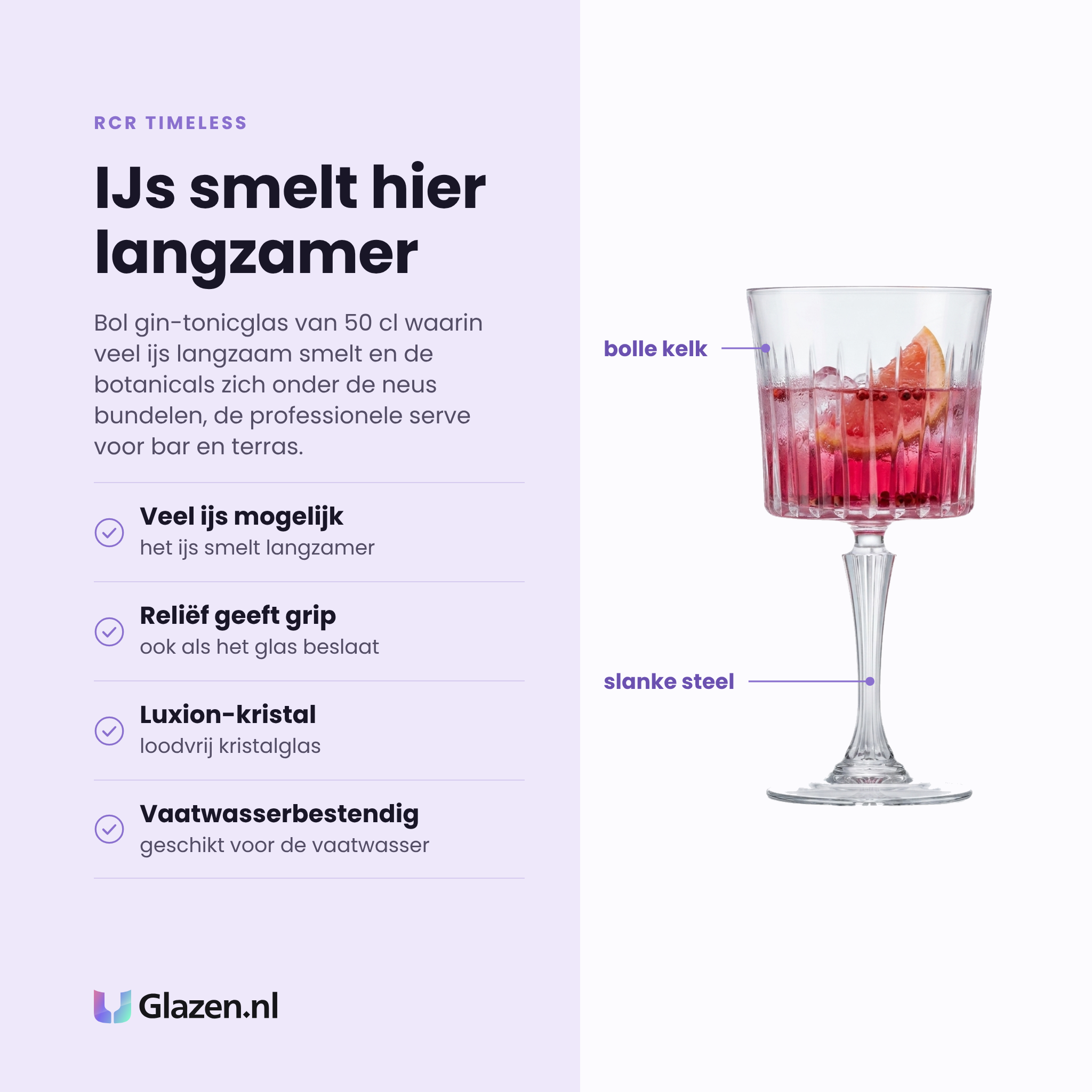 RCR Timeless gin-tonicglas 50 cl eigenschappen: veel ijs dat langzamer smelt, reliëf geeft grip, loodvrij Luxion-kristal, vaatwasserbestendig