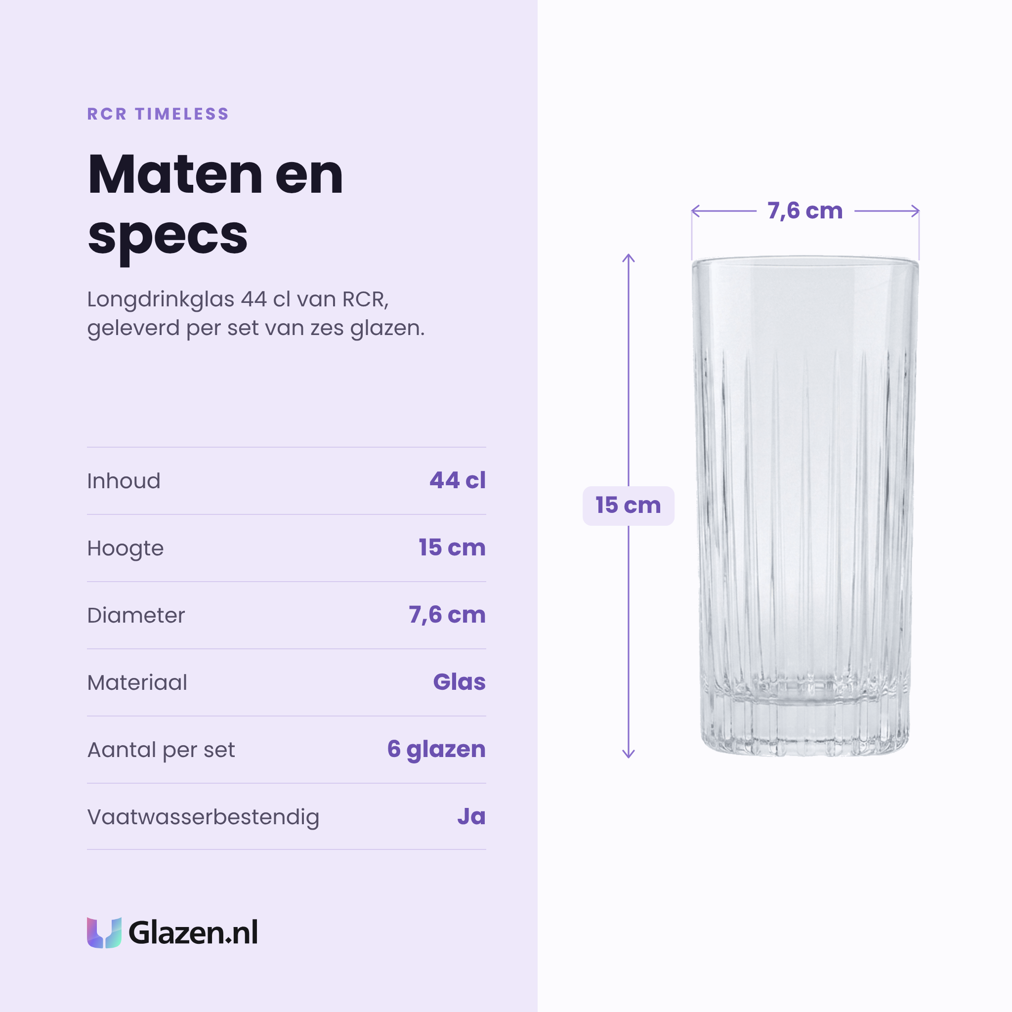 RCR Timeless longdrinkglas 44 cl specificaties: inhoud 44 cl, hoogte 15 cm, diameter 7,6 cm, glas, set van 6