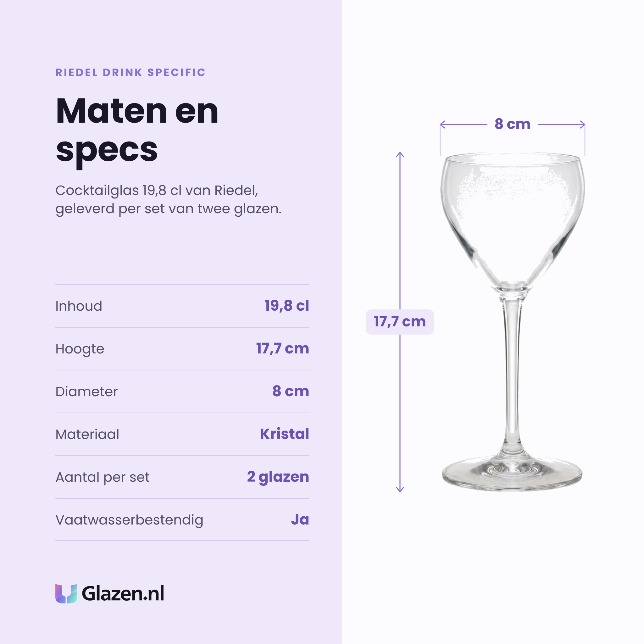 Riedel Drink Specific cocktailglas 19,8 cl specificaties: inhoud 19,8 cl, hoogte 17,7 cm, diameter 8 cm, kristal, set van 2