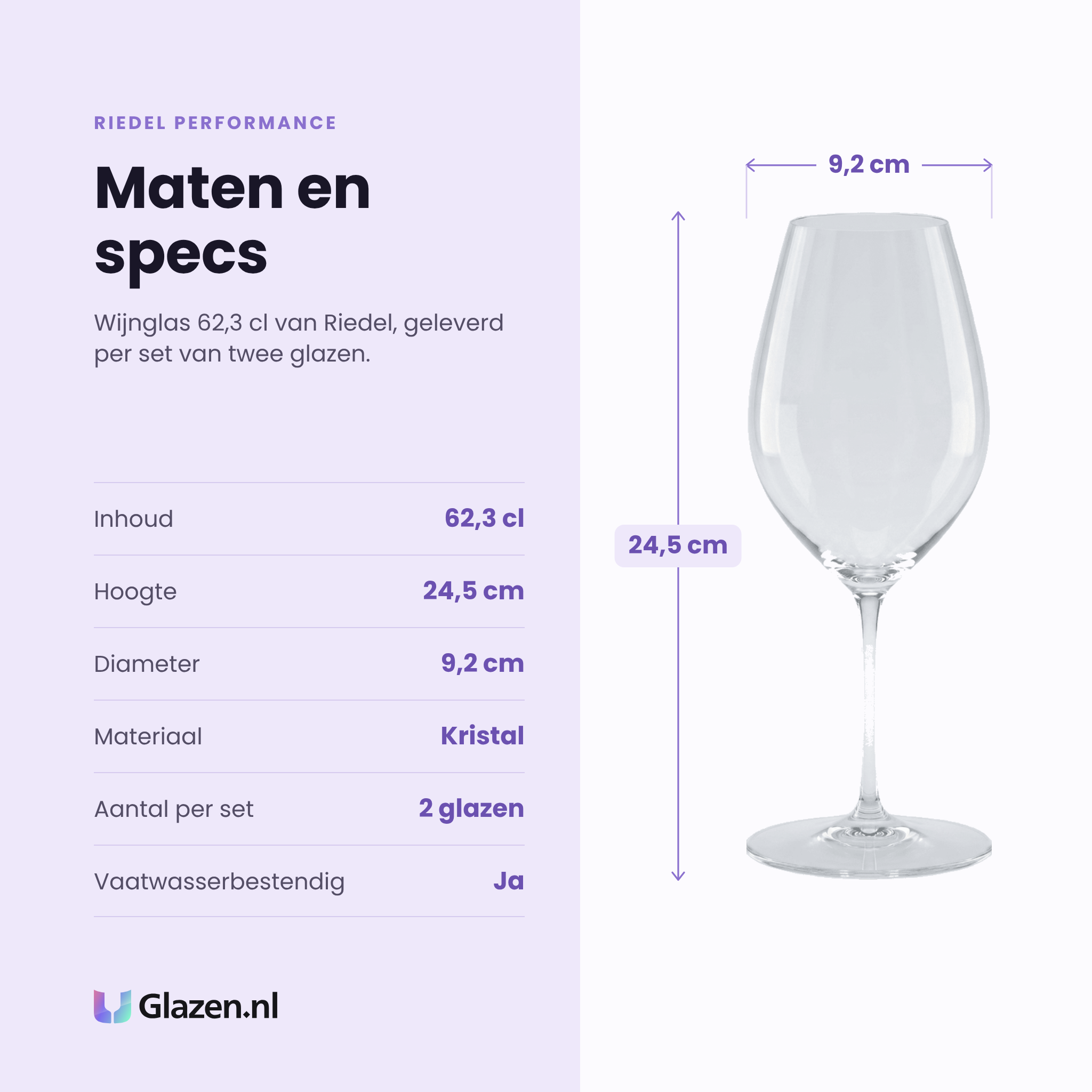Riedel Performance wijnglas 62,3 cl specificaties: inhoud 62,3 cl, hoogte 24,5 cm, diameter 9,2 cm, kristal, set van 2