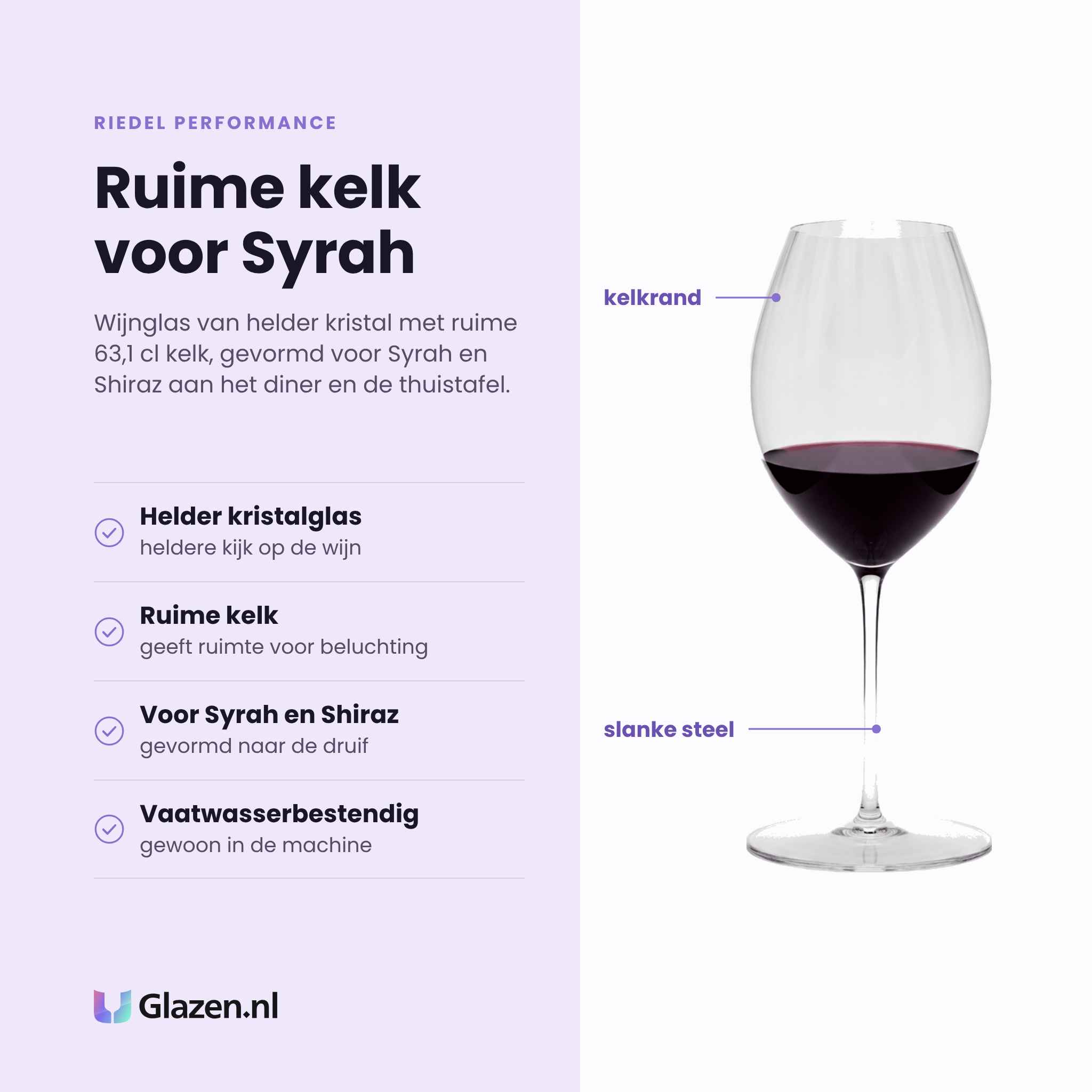 Riedel Performance wijnglas 63,1 cl eigenschappen: helder kristalglas, ruime kelk voor beluchting, gevormd voor syrah en shiraz, vaatwasserbestendig