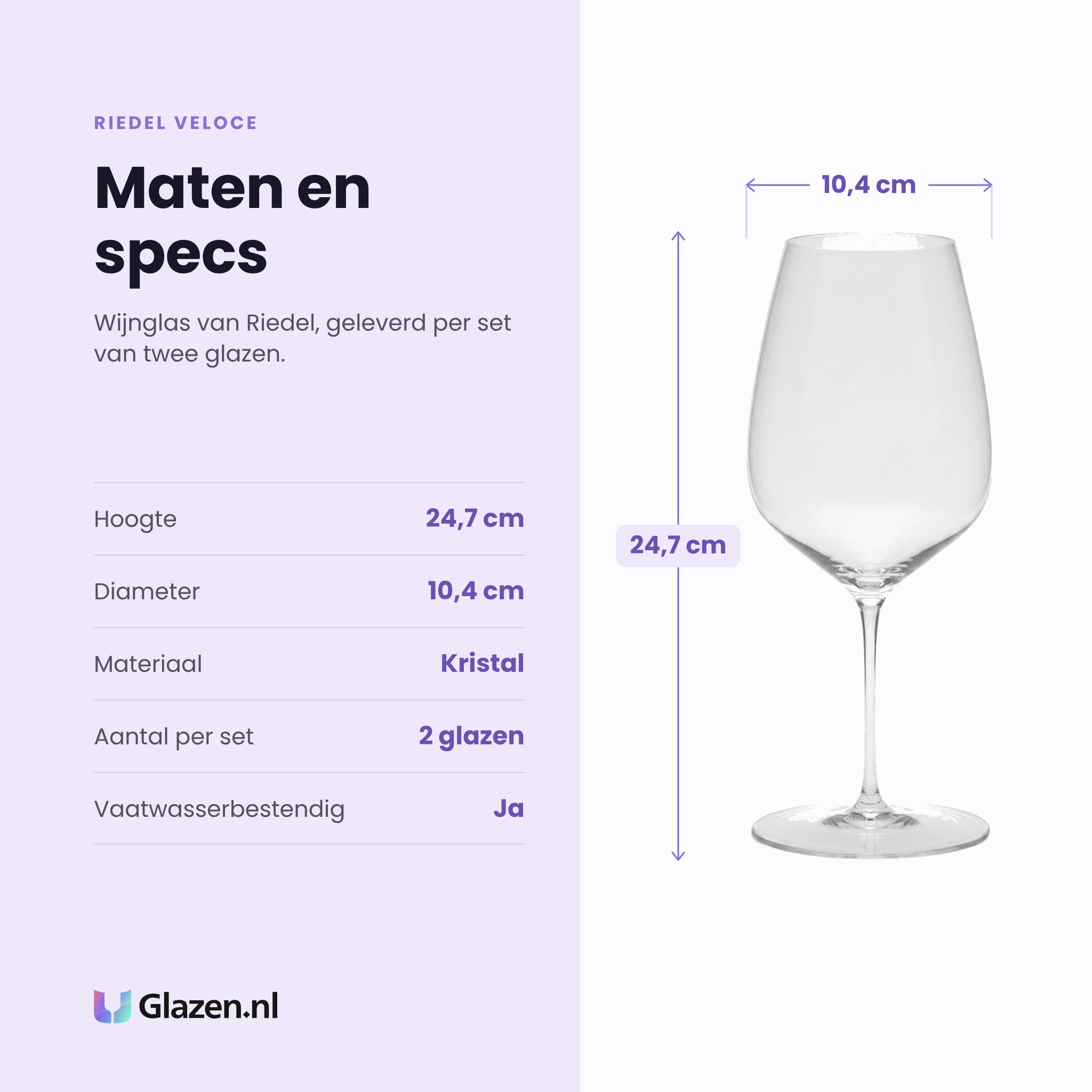 Riedel Veloce wijnglas specificaties: hoogte 24,7 cm, diameter 10,4 cm, kristal, set van 2