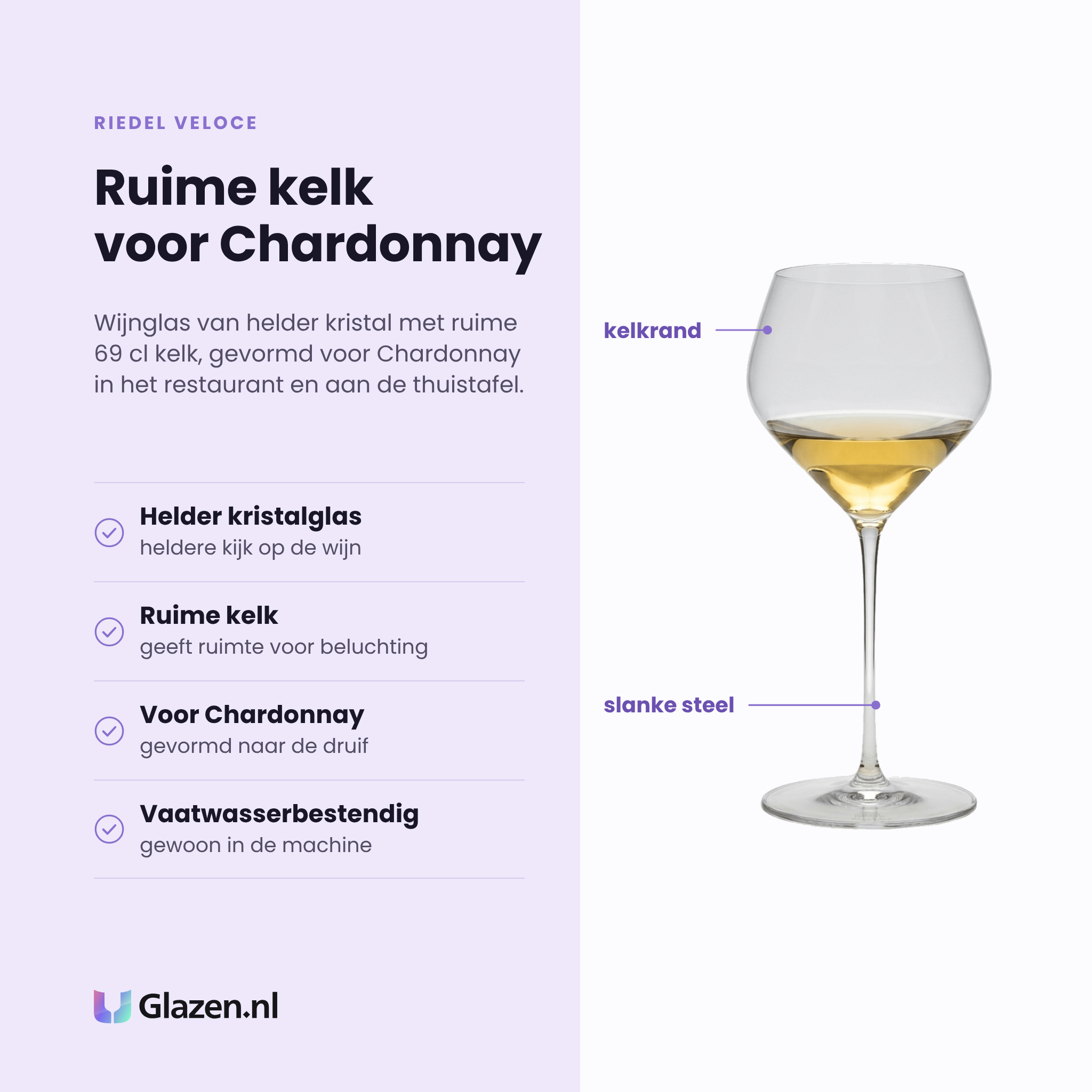 Riedel Veloce wijnglas 69 cl eigenschappen: helder kristalglas, ruime kelk voor beluchting, gevormd voor chardonnay, vaatwasserbestendig