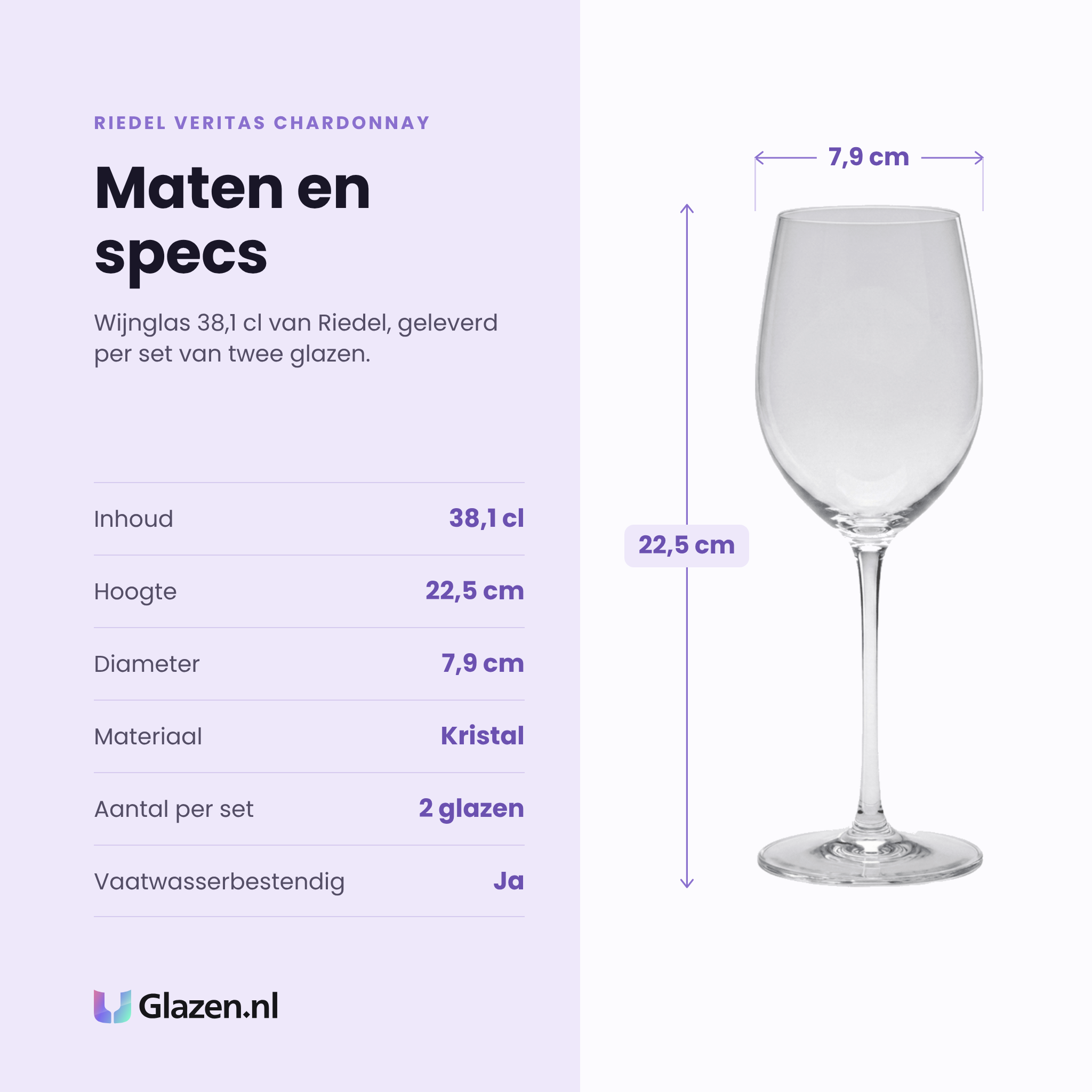 Riedel Veritas Chardonnay wijnglas 38,1 cl specificaties: inhoud 38,1 cl, hoogte 22,5 cm, diameter 7,9 cm, kristal, set van 2