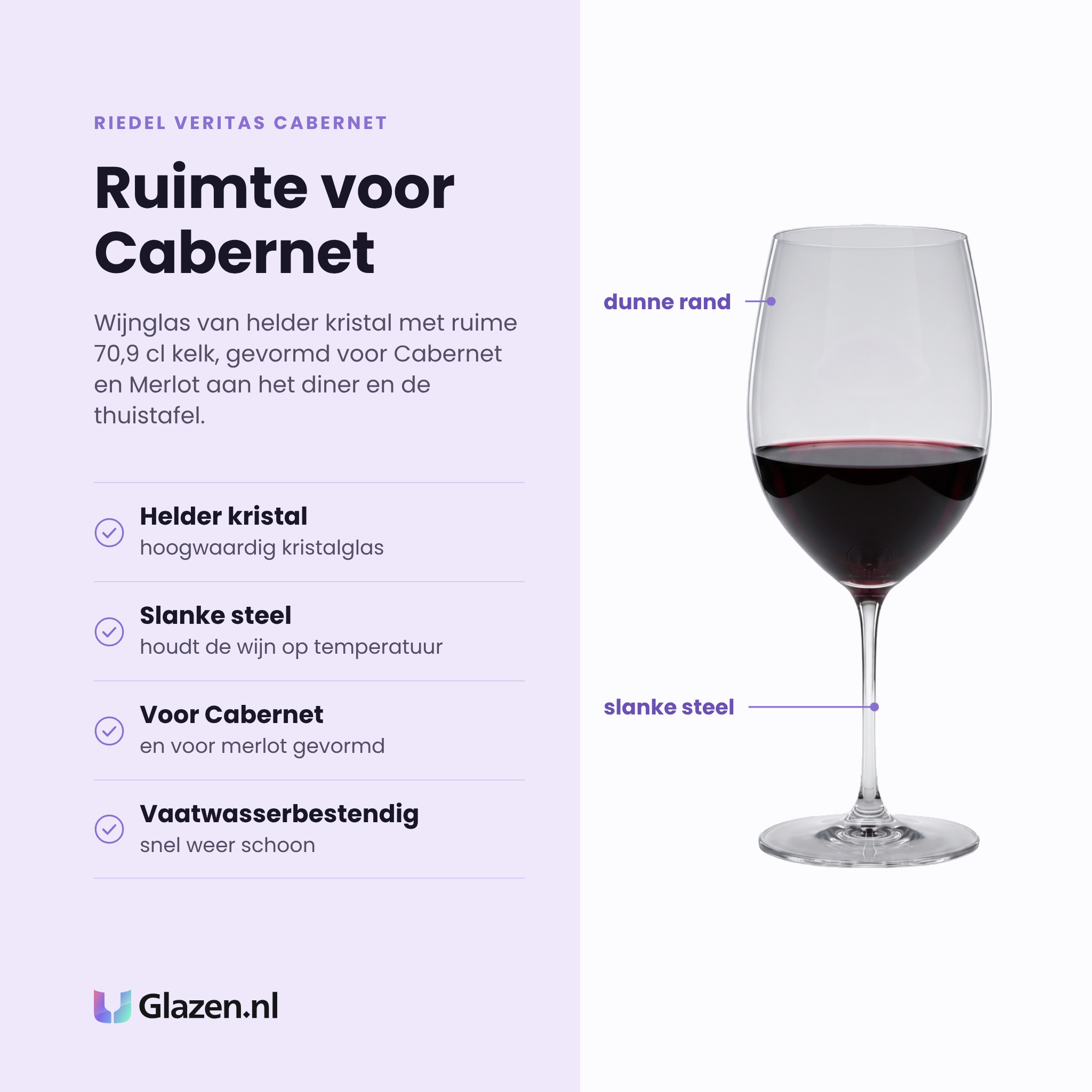 Riedel Veritas Cabernet wijnglas 70,9 cl eigenschappen: helder kristalglas, slanke steel, gevormd voor cabernet en merlot, vaatwasserbestendig