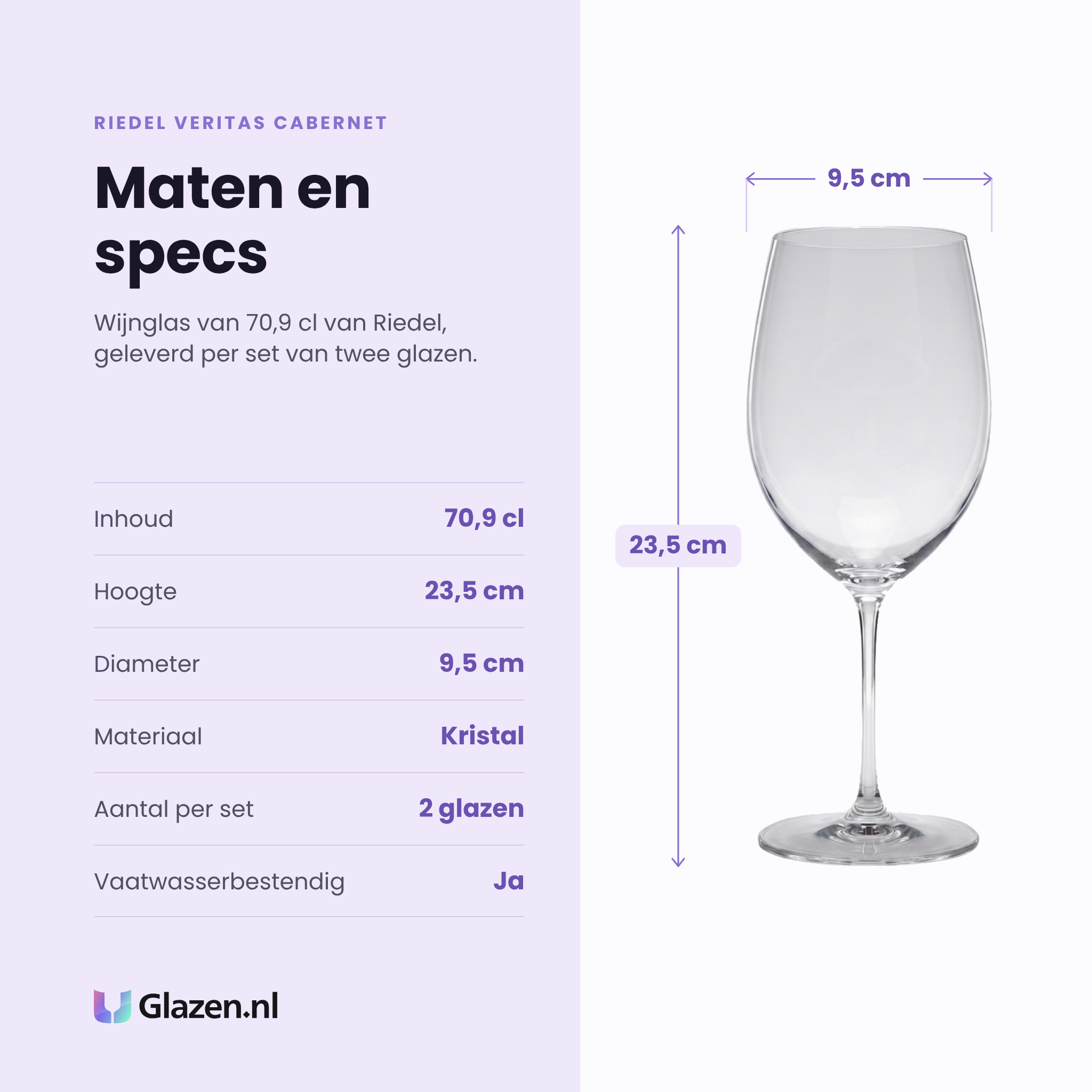 Riedel Veritas Cabernet wijnglas 70,9 cl specificaties: inhoud 70,9 cl, hoogte 23,5 cm, diameter 9,5 cm, kristal, set van 2