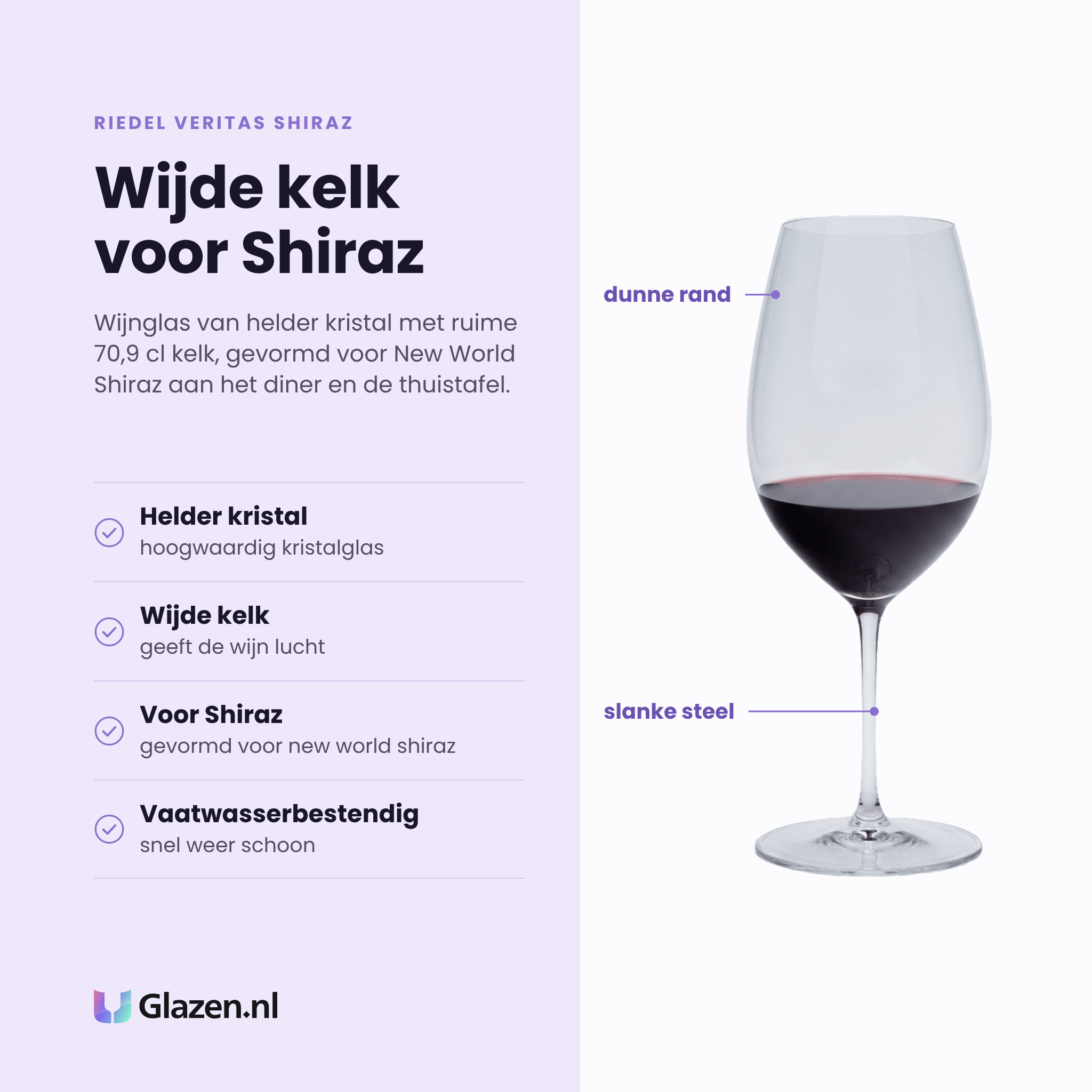 Riedel Veritas Shiraz wijnglas 70,9 cl eigenschappen: helder kristalglas, wijde kelk voor beluchting, gevormd voor new world shiraz, vaatwasserbestendig