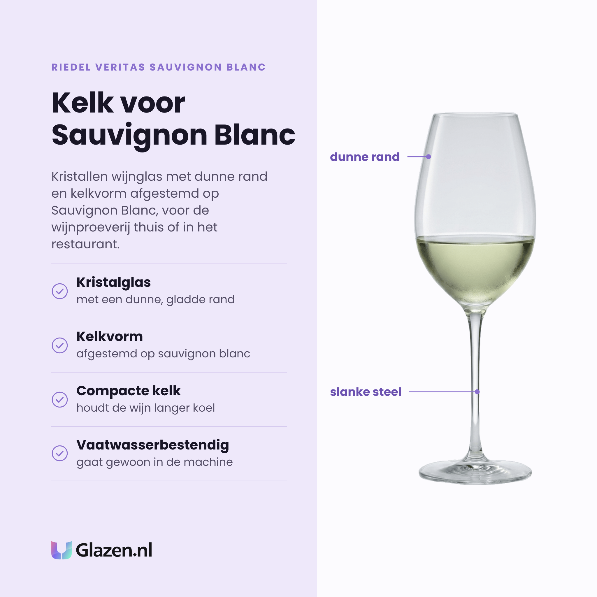 Riedel Veritas Sauvignon Blanc wijnglas 44 cl eigenschappen: kristalglas met dunne rand, kelkvorm voor sauvignon blanc, compacte kelk houdt koel, vaatwasserbestendig