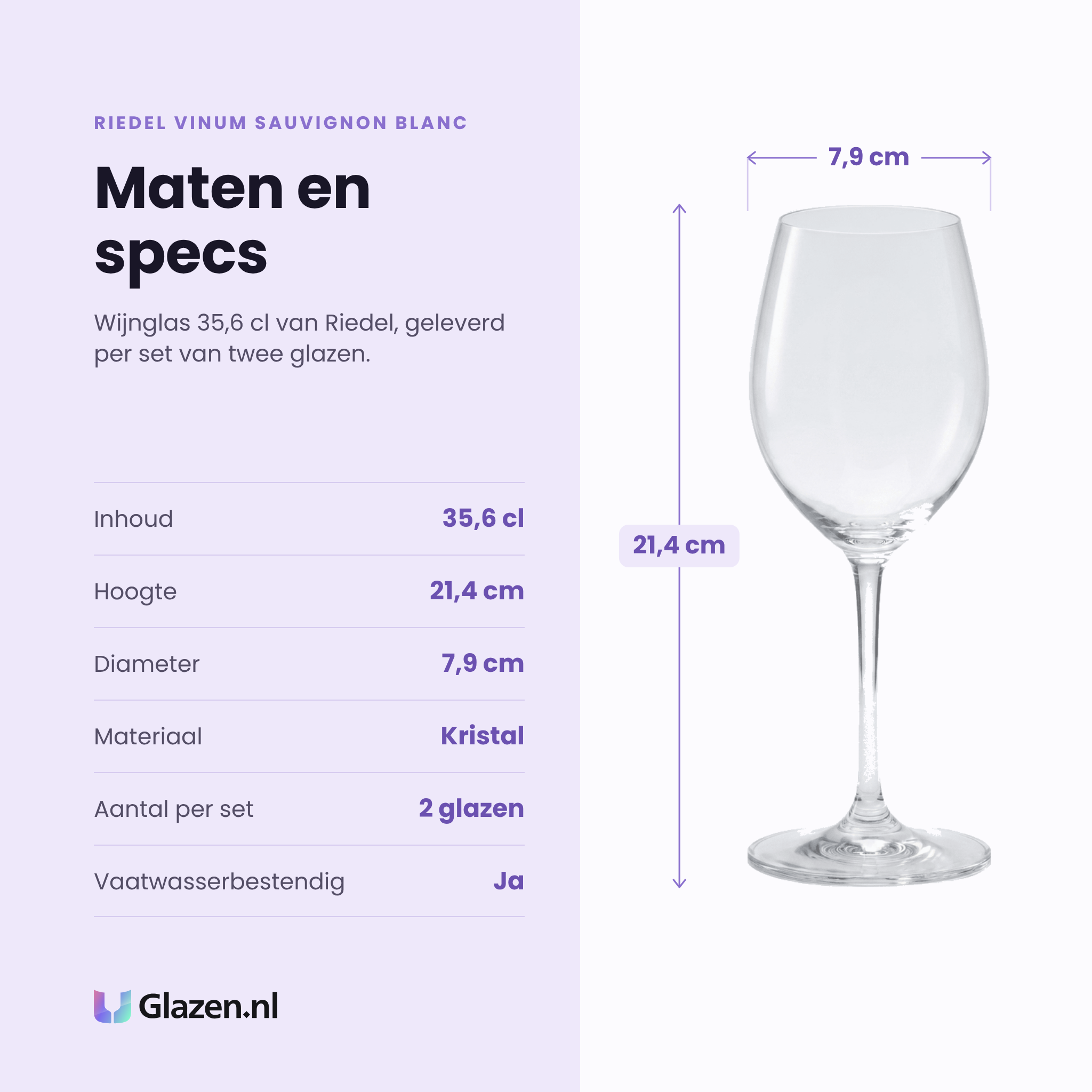 Riedel Vinum Sauvignon Blanc wijnglas 35,6 cl specificaties: inhoud 35,6 cl, hoogte 21,4 cm, diameter 7,9 cm, kristal, set van 2