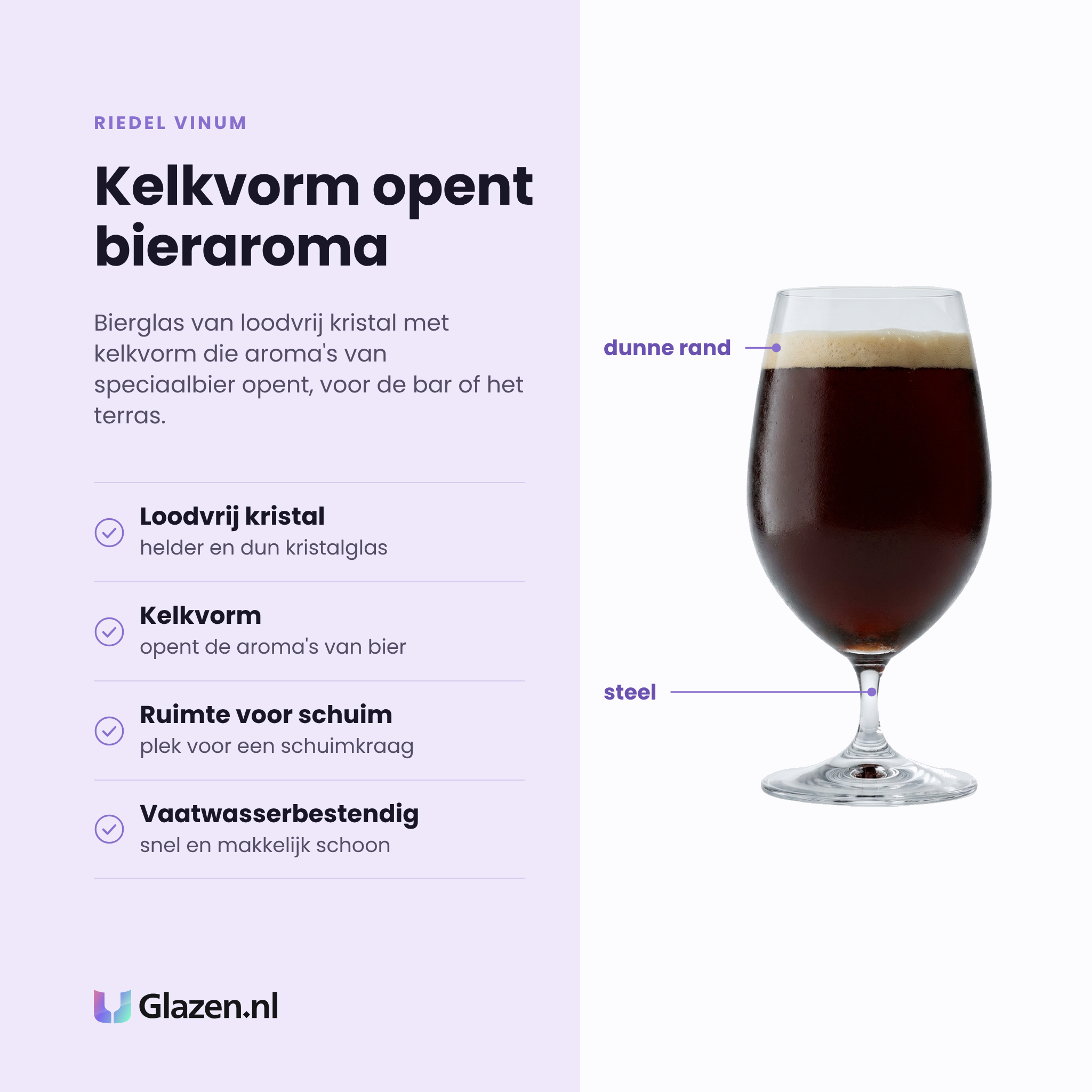 Riedel Vinum bierglas 37 cl eigenschappen: loodvrij kristal, kelkvorm opent bieraroma, ruimte voor een schuimkraag, vaatwasserbestendig