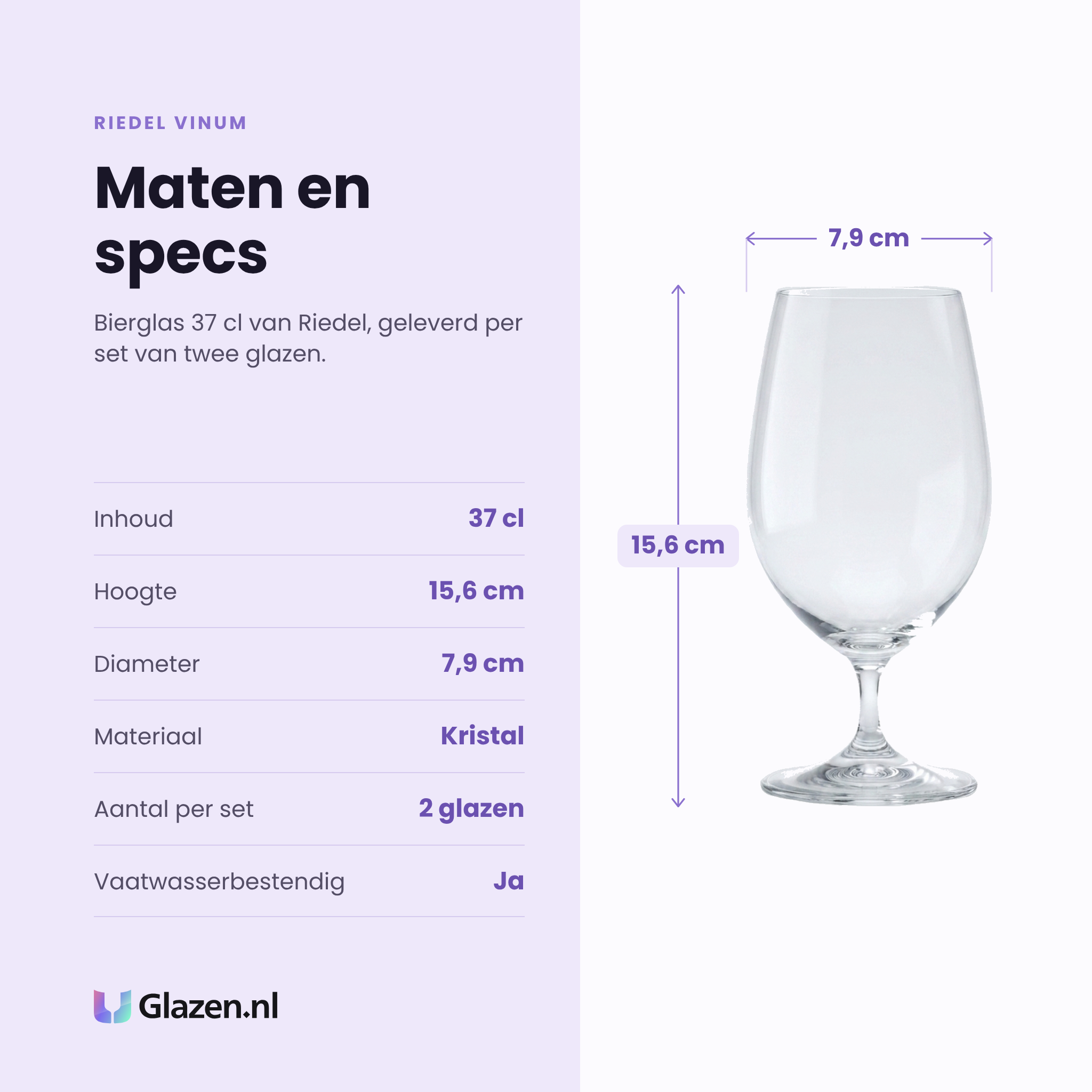 Riedel Vinum bierglas 37 cl specificaties: inhoud 37 cl, hoogte 15,6 cm, diameter 7,9 cm, kristal, set van 2