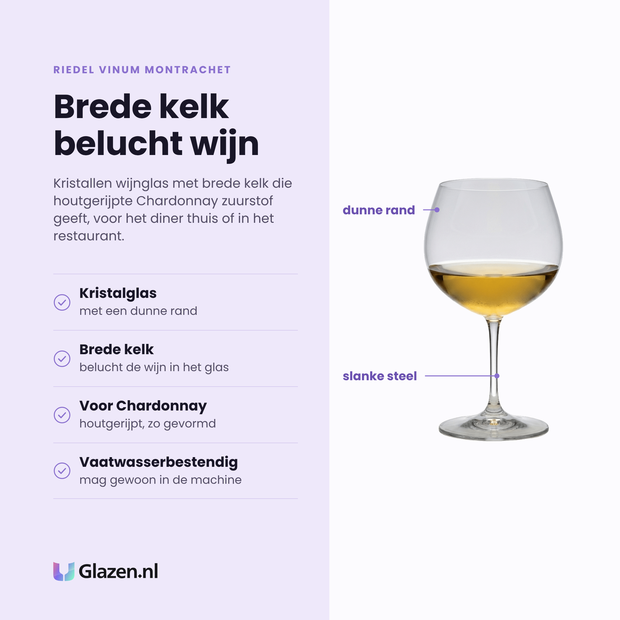 Riedel Vinum Montrachet wijnglas 64 cl eigenschappen: kristalglas met dunne rand, brede kelk belucht de wijn, gevormd voor houtgerijpte chardonnay, vaatwasserbestendig
