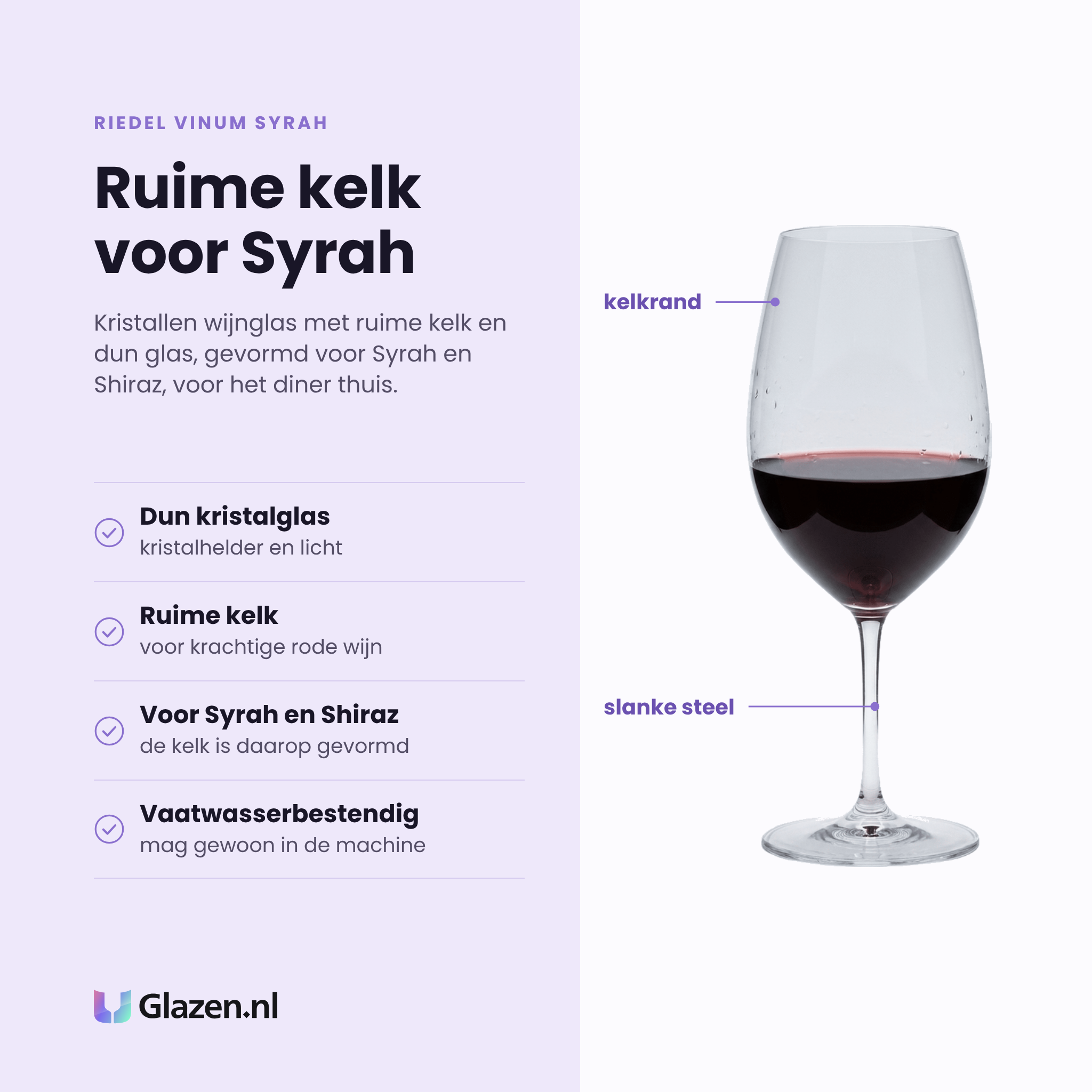 Riedel Vinum Syrah wijnglas 69,2 cl eigenschappen: dun kristalglas, ruime kelk voor krachtige rode wijn, gevormd voor syrah en shiraz, vaatwasserbestendig
