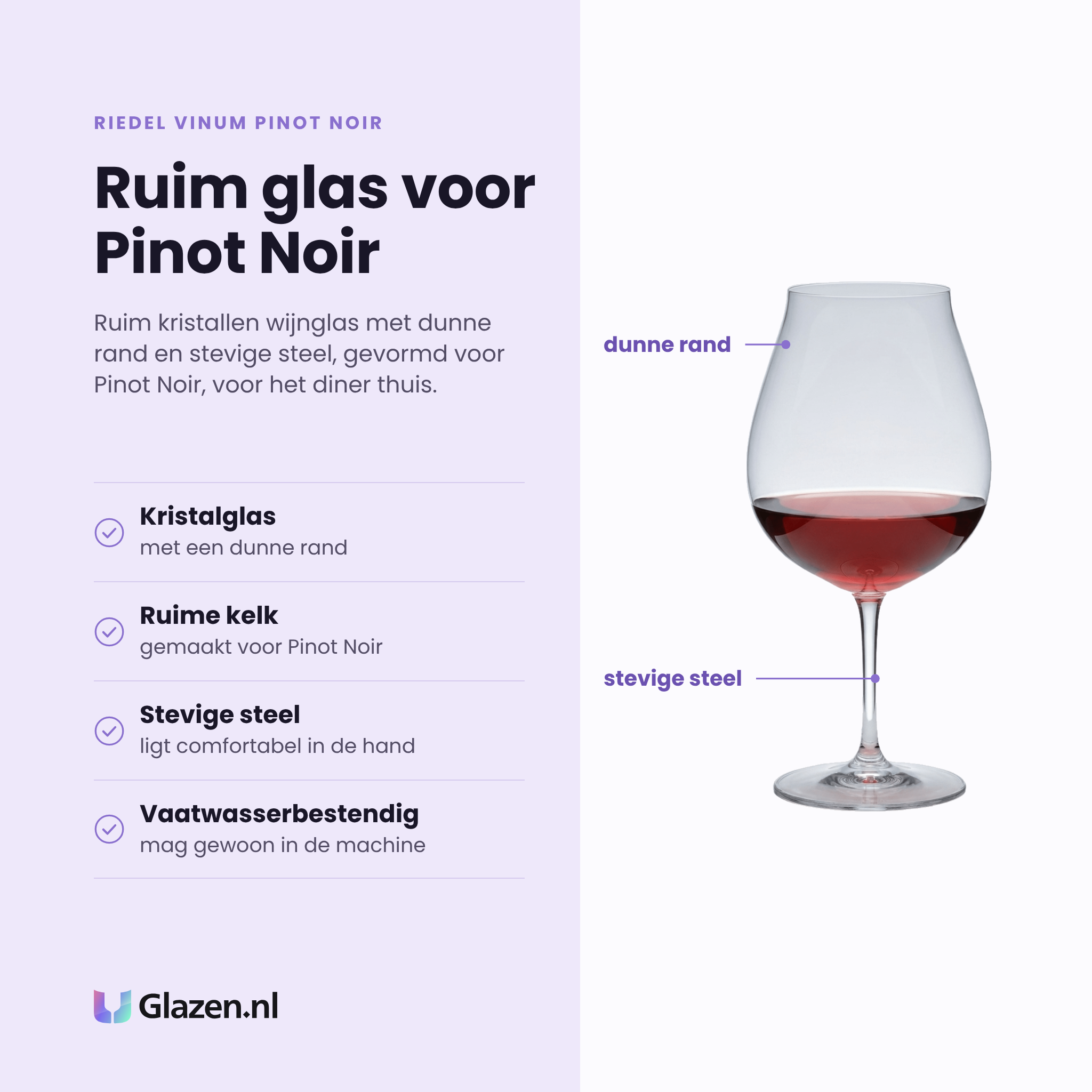 Riedel Vinum Pinot Noir wijnglas 80 cl eigenschappen: kristalglas met dunne rand, ruime kelk voor pinot noir, stevige steel, vaatwasserbestendig