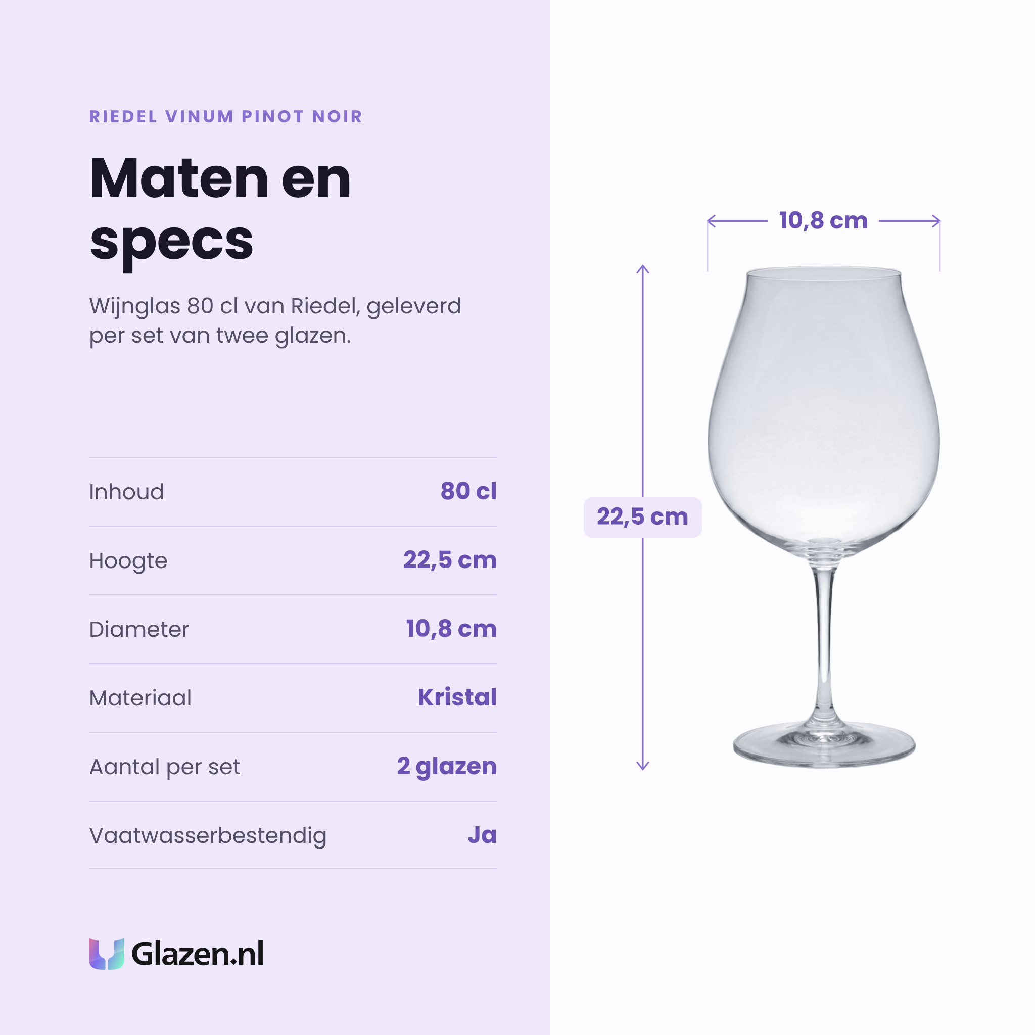 Riedel Vinum Pinot Noir wijnglas 80 cl specificaties: inhoud 80 cl, hoogte 22,5 cm, diameter 10,8 cm, kristal, set van 2
