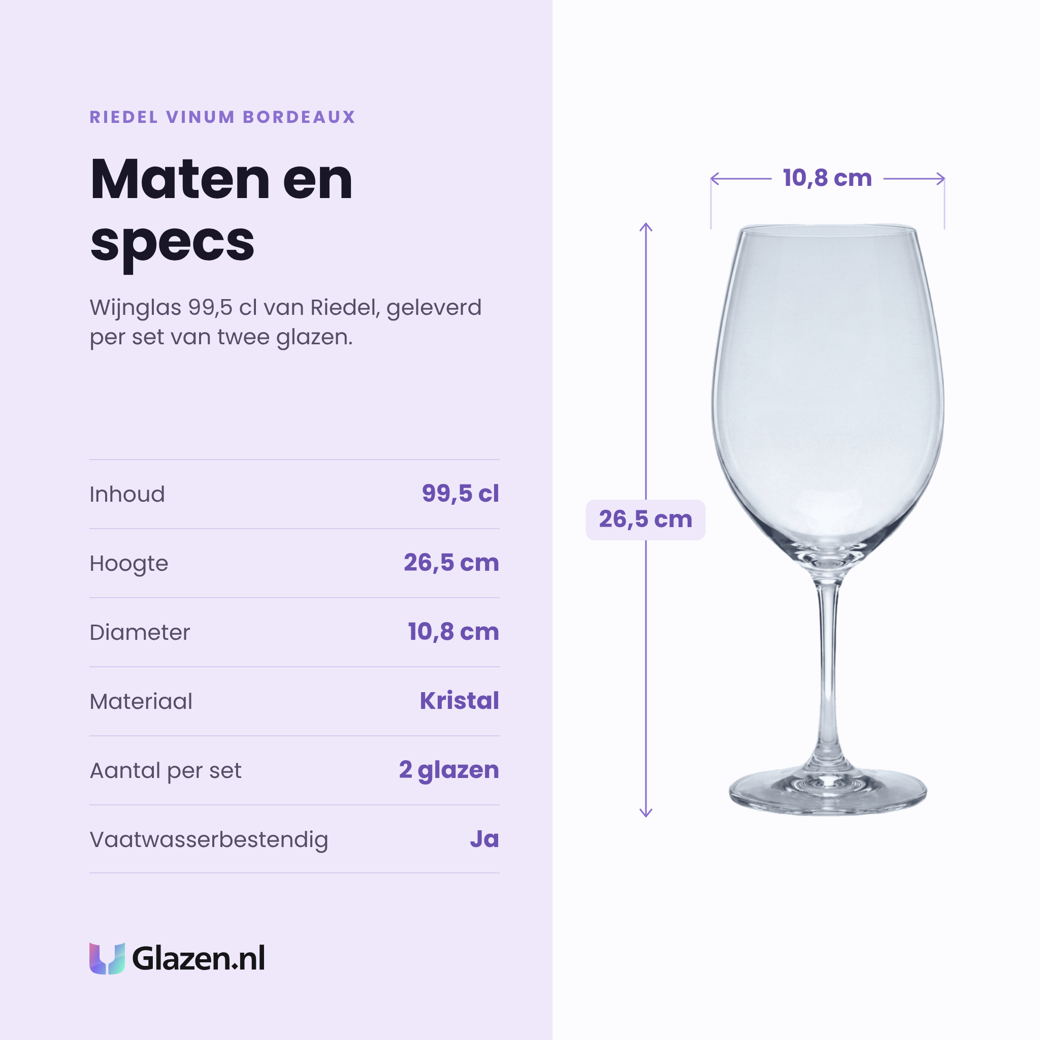 Riedel Vinum Bordeaux wijnglas 99,5 cl specificaties: inhoud 99,5 cl, hoogte 26,5 cm, diameter 10,8 cm, kristal, set van 2