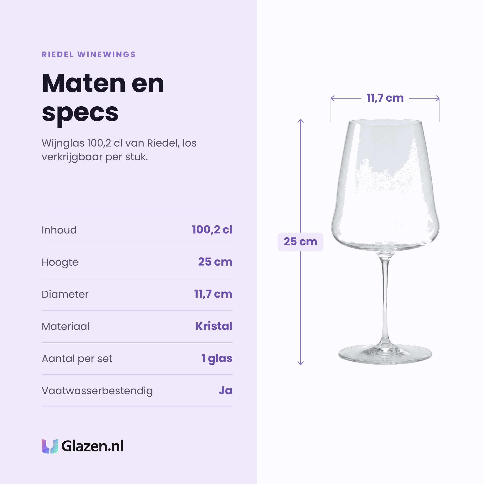 Riedel Winewings wijnglas 100,2 cl specificaties: inhoud 100,2 cl, hoogte 25 cm, diameter 11,7 cm, kristal, per stuk