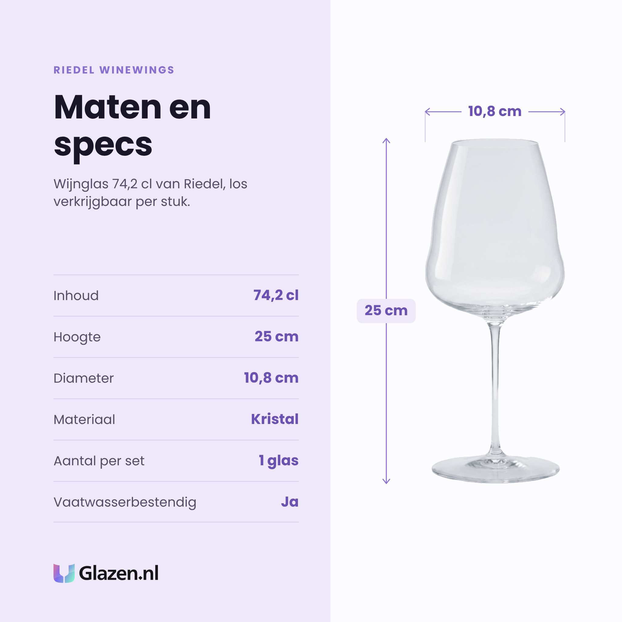 Riedel Winewings wijnglas 74,2 cl specificaties: inhoud 74,2 cl, hoogte 25 cm, diameter 10,8 cm, kristal, per stuk