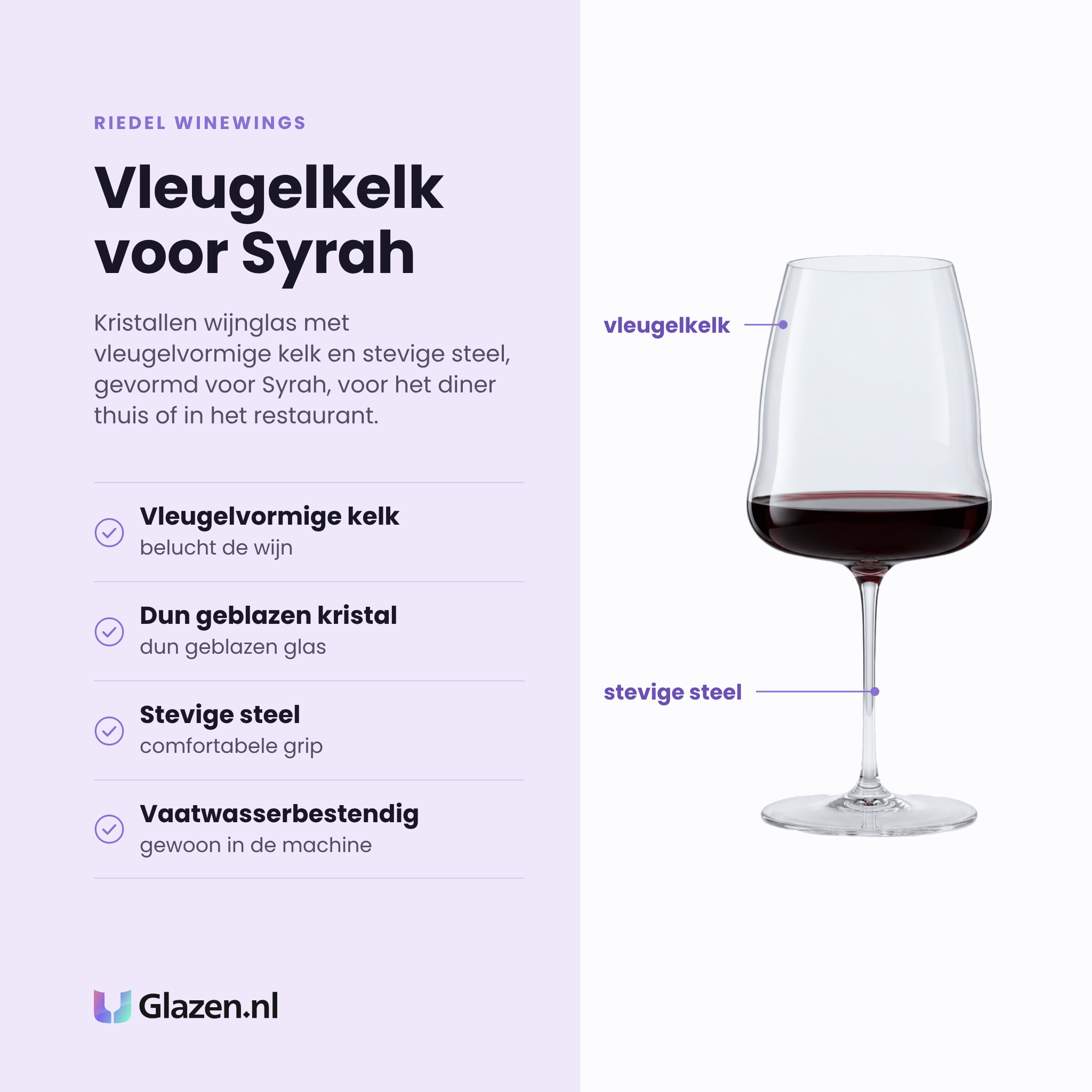 Riedel Winewings wijnglas 86,5 cl eigenschappen: vleugelvormige kelk belucht de wijn, dun geblazen kristal, stevige steel, vaatwasserbestendig