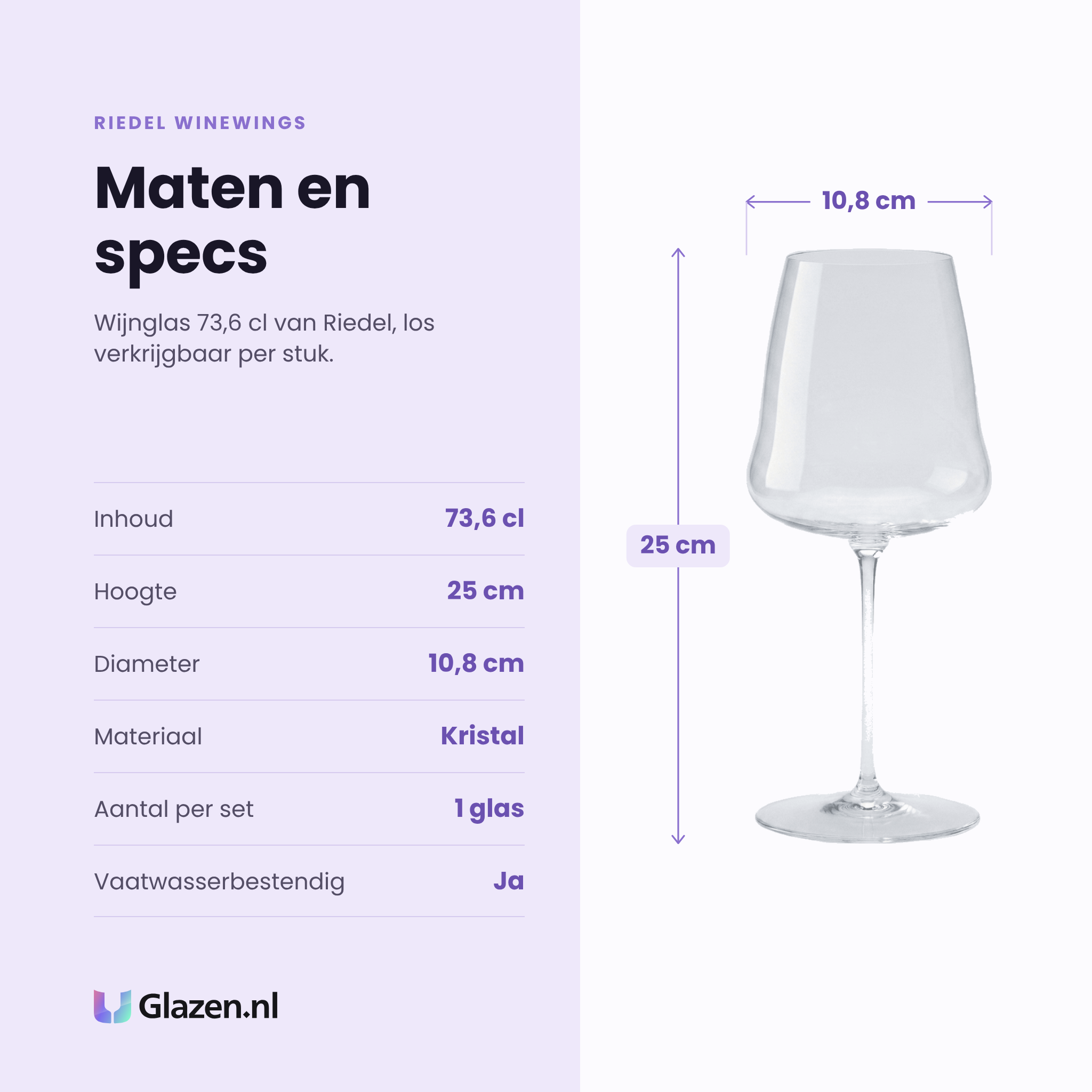 Riedel Winewings wijnglas 73,6 cl specificaties: inhoud 73,6 cl, hoogte 25 cm, diameter 10,8 cm, kristal, los per stuk