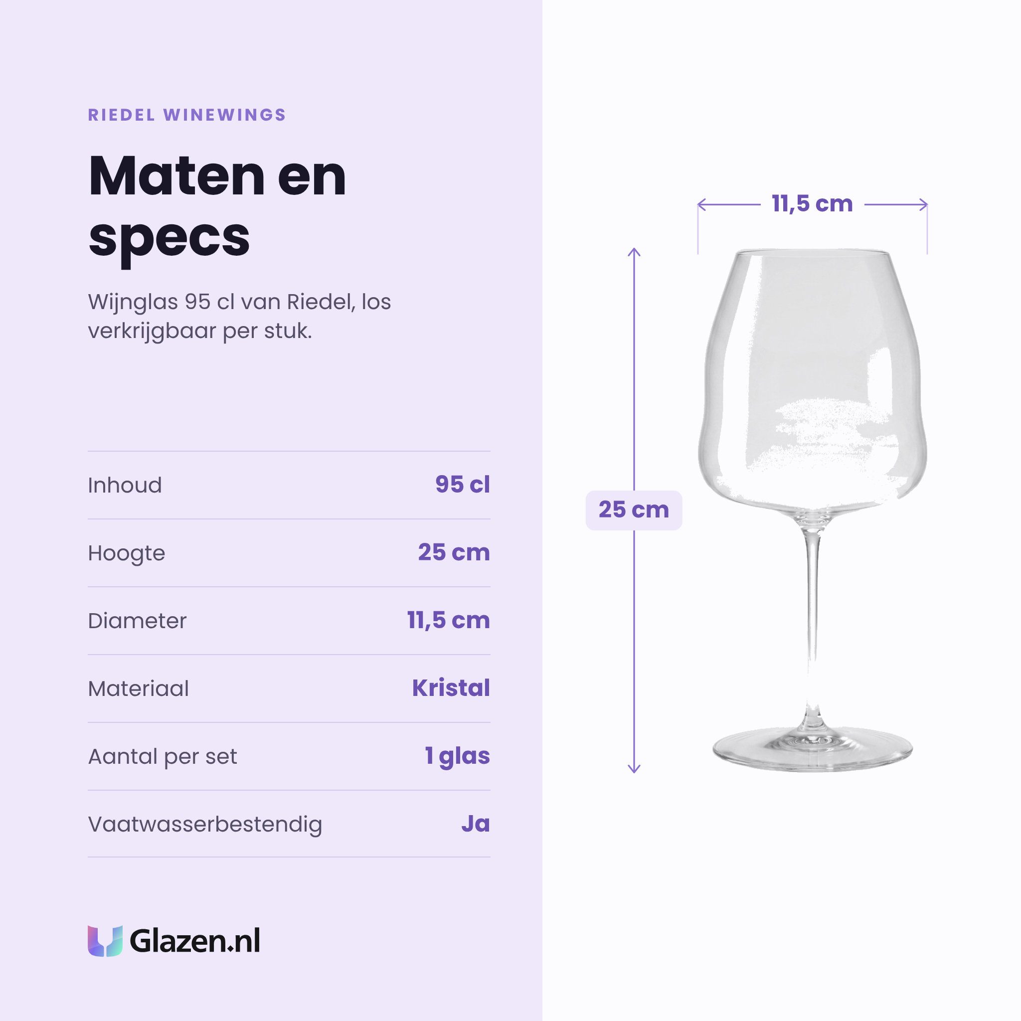 Riedel Winewings wijnglas 95 cl specificaties: inhoud 95 cl, hoogte 25 cm, diameter 11,5 cm, kristal, los per stuk