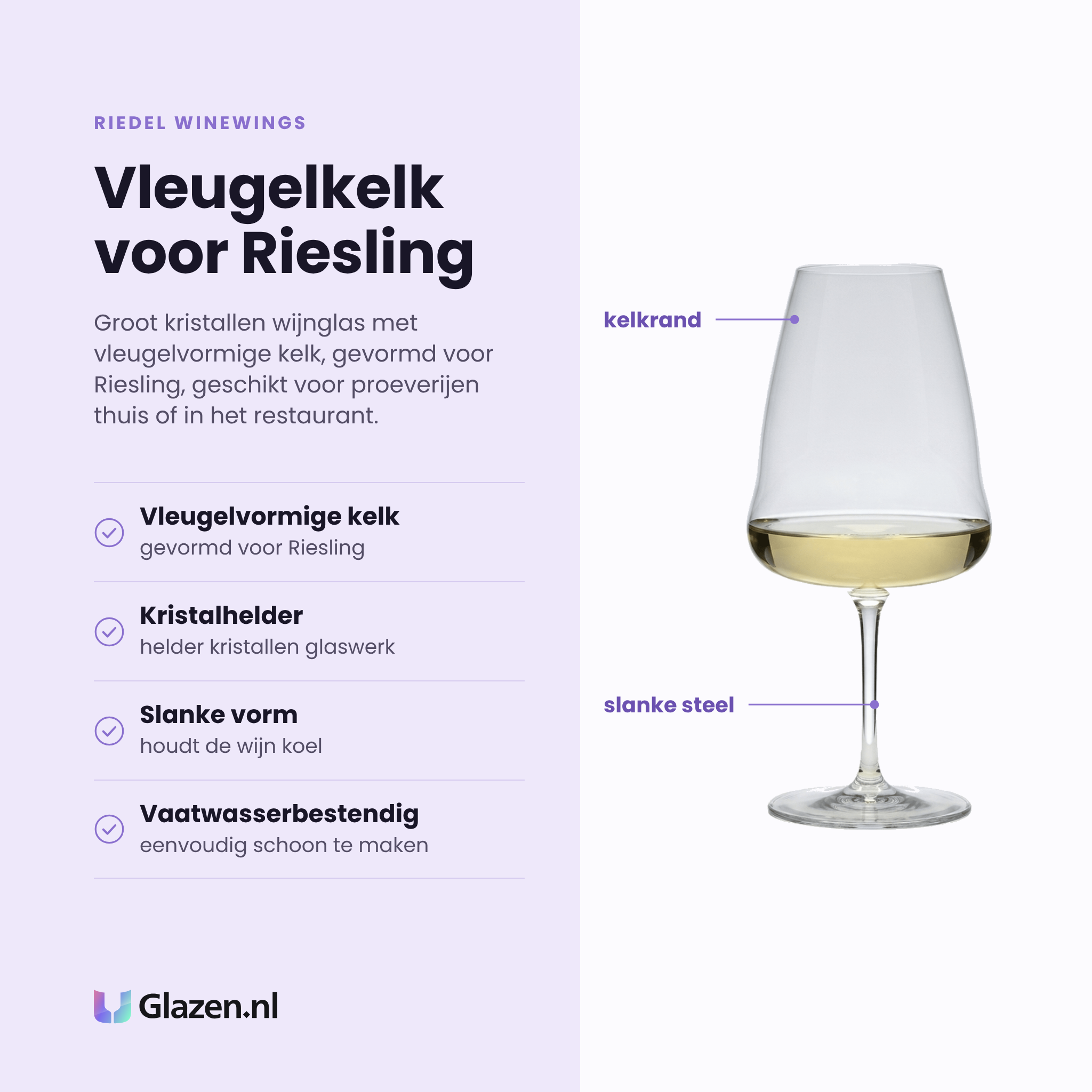 Riedel Winewings wijnglas 101,7 cl eigenschappen: vleugelvormige kelk voor Riesling, kristalhelder glaswerk, slanke vorm, vaatwasserbestendig