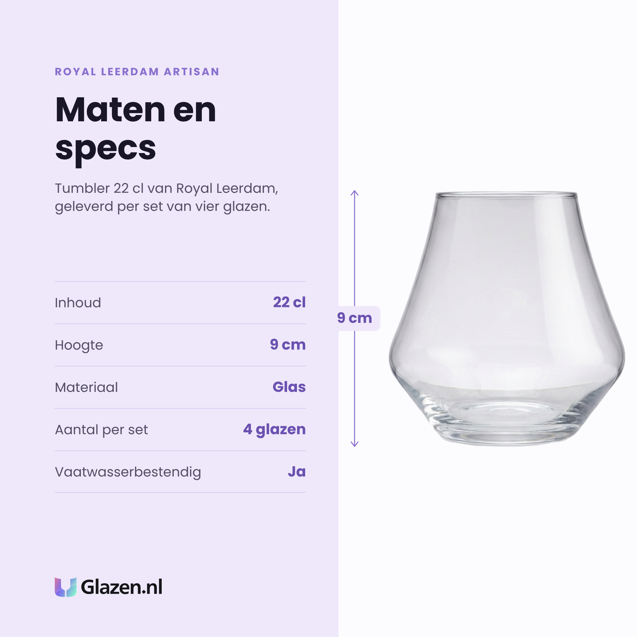 Royal Leerdam Artisan tumbler 22 cl specificaties: inhoud 22 cl, hoogte 9 cm, glas, set van 4