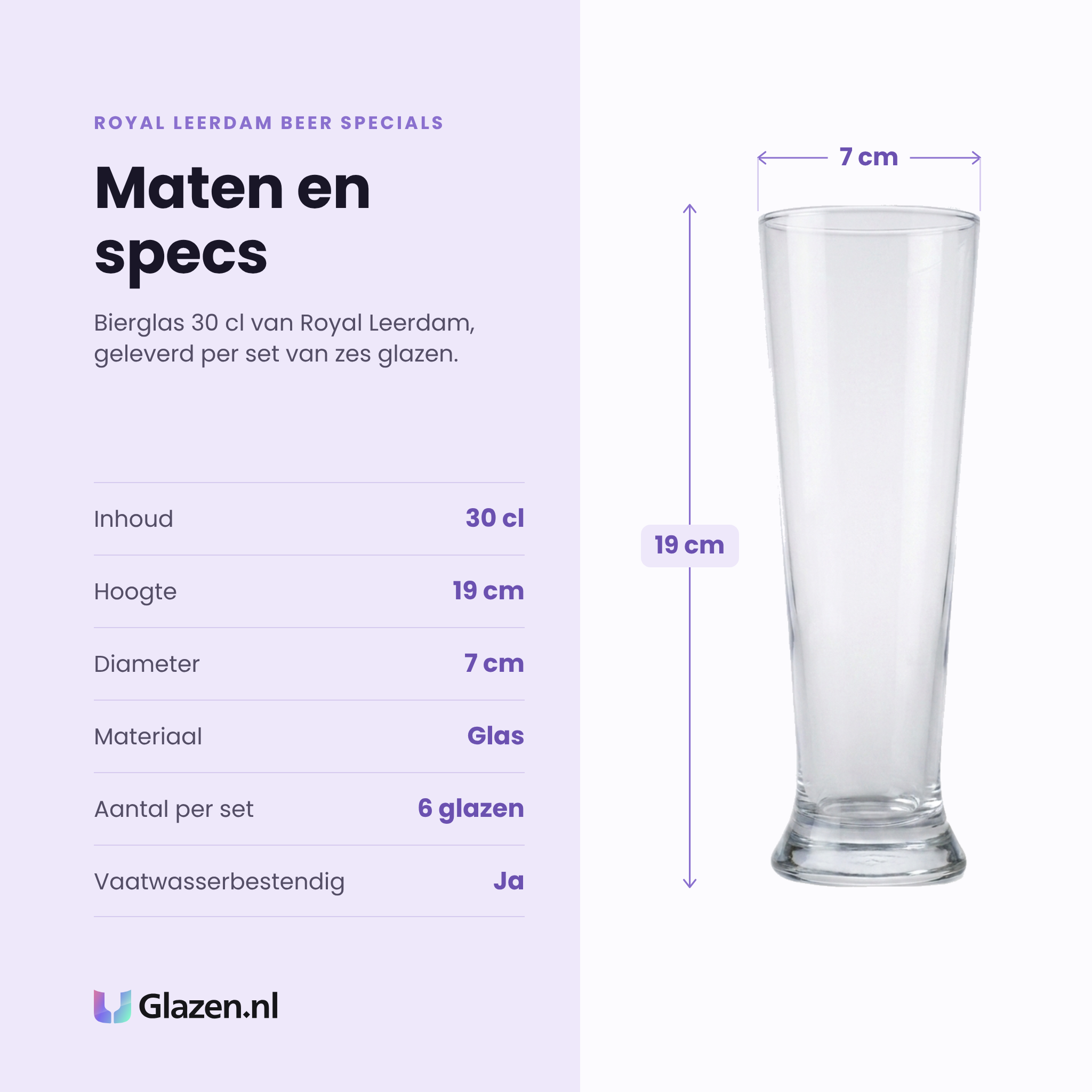 Royal Leerdam Beer Specials bierglas 30 cl specificaties: inhoud 30 cl, hoogte 19 cm, diameter 7 cm, glas, set van 6