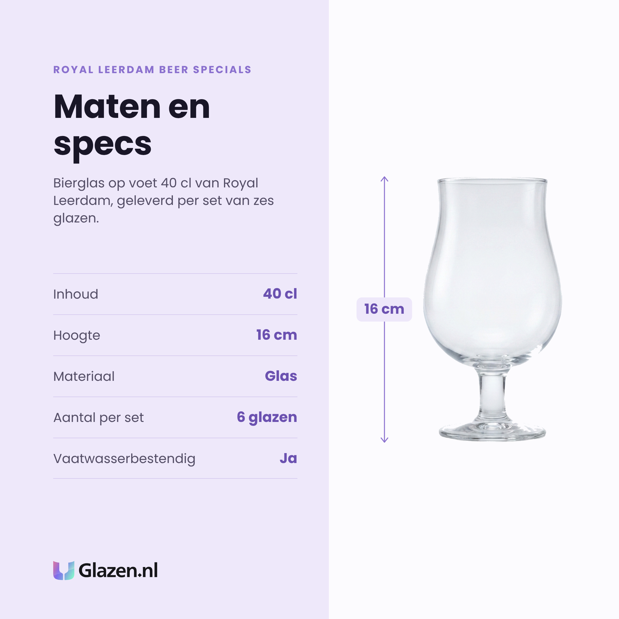 Royal Leerdam Beer Specials bierglas 40 cl op voet specificaties: inhoud 40 cl, hoogte 16 cm, glas, set van 6