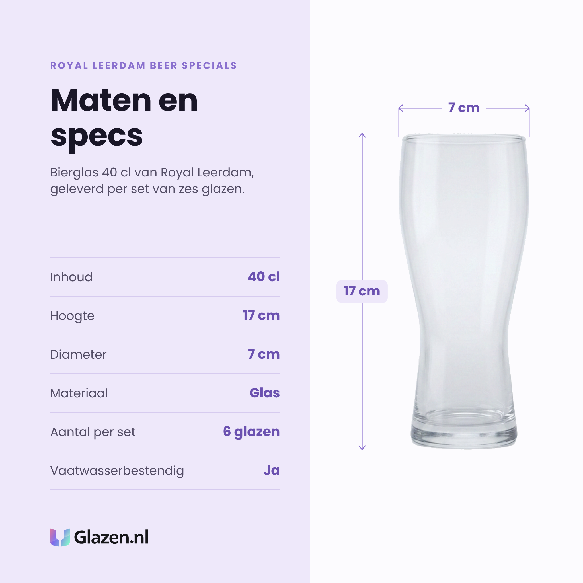 Royal Leerdam Beer Specials bierglas 40 cl specificaties: inhoud 40 cl, hoogte 17 cm, diameter 7 cm, glas, set van 6