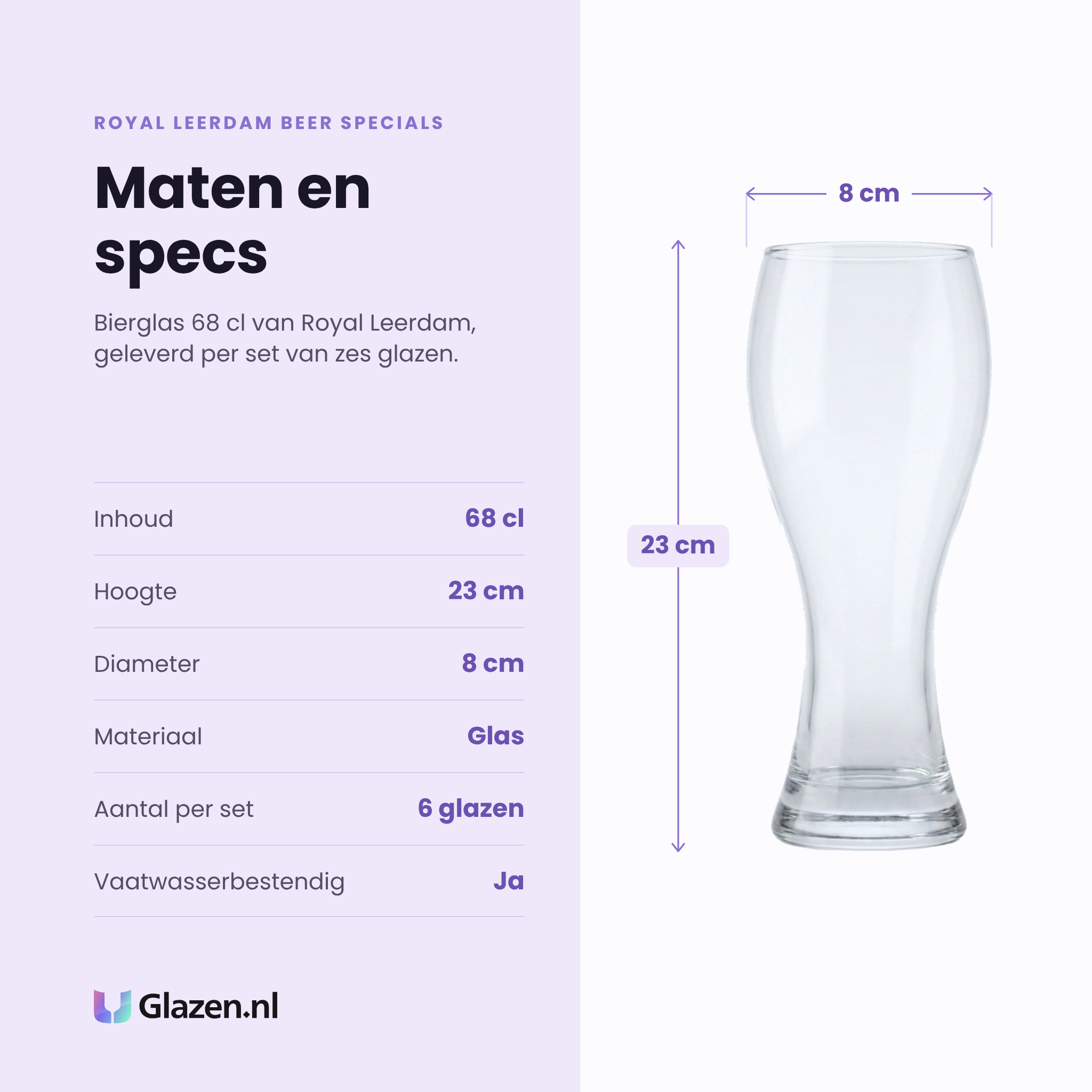 Royal Leerdam Beer Specials bierglas 68 cl specificaties: inhoud 68 cl, hoogte 23 cm, diameter 8 cm, glas, set van 6