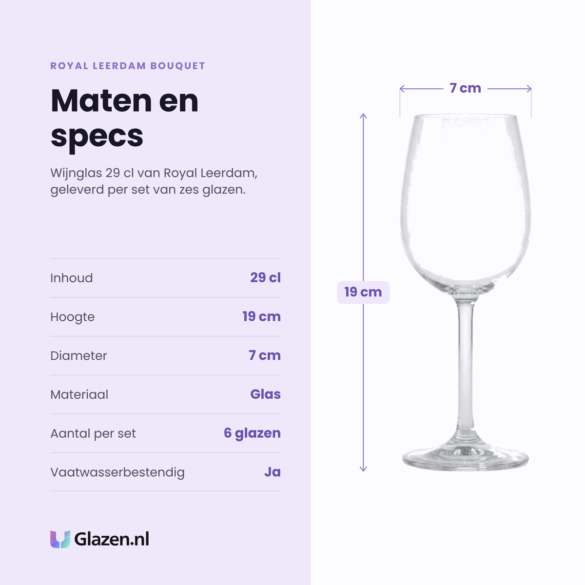 Royal Leerdam Bouquet wijnglas 29 cl specificaties: inhoud 29 cl, hoogte 19 cm, diameter 7 cm, glas, set van 6