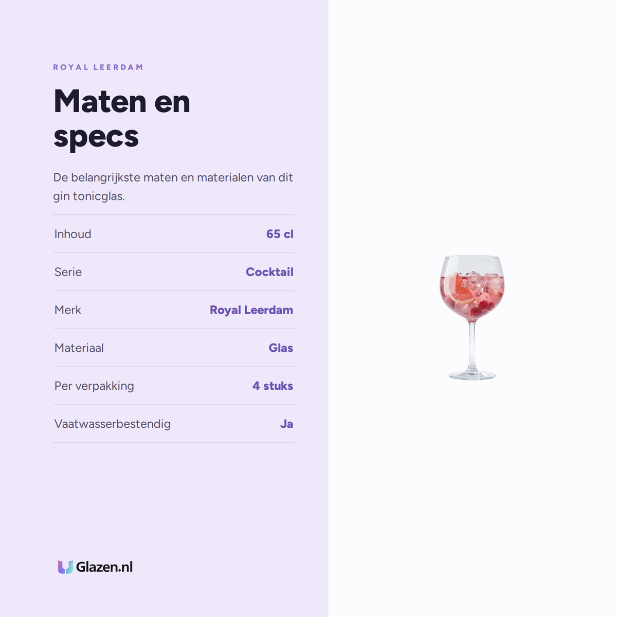 Infographic met de maten en specificaties van Royal Leerdam Cocktail Gin Tonicglas Cocktail 65 Cl - 4 Stuks