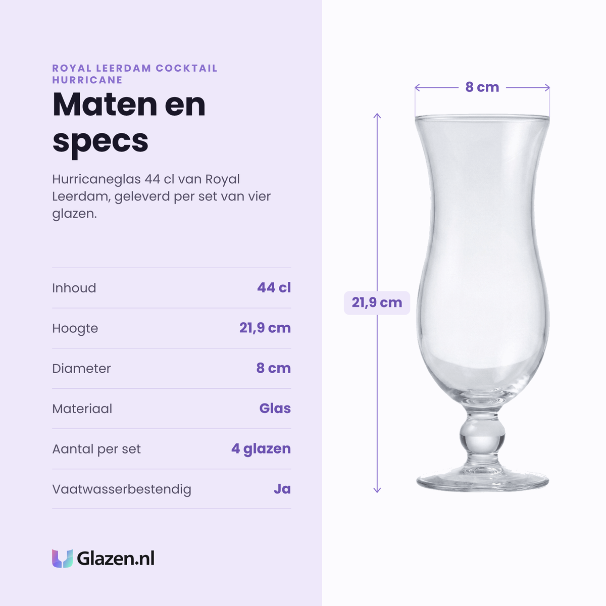 Royal Leerdam Cocktail Hurricane cocktailglas 44 cl specificaties: inhoud 44 cl, hoogte 21,9 cm, diameter 8 cm, glas, set van 4
